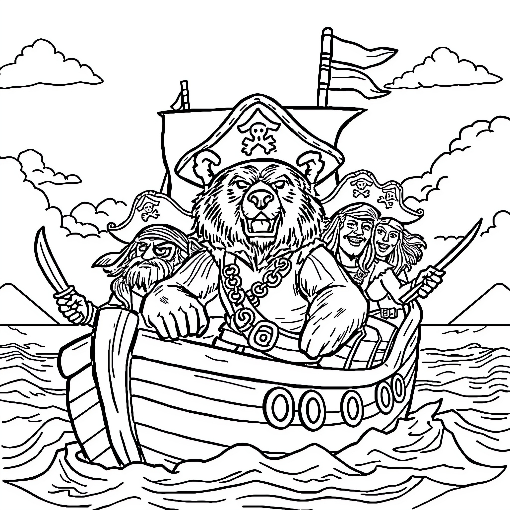 Bear Pirates Sailing on the High Seas Coloring Page (free black-and-white line drawing printable PDF for all, from beginners to advanced learners, including children, teens, adults, and seniors)