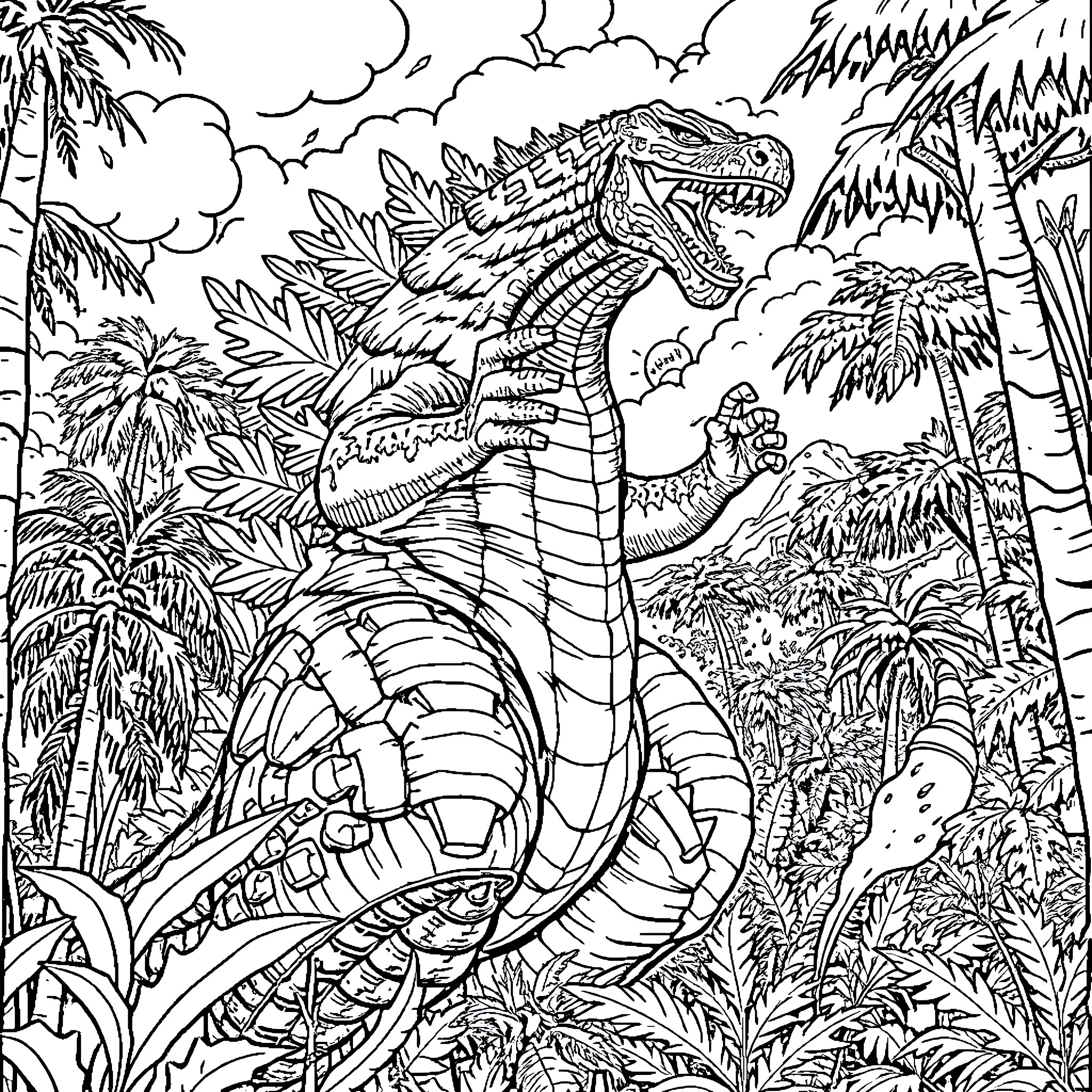 Godzilla Stomping Through the Lush Jungle Landscape Coloring Page (free black-and-white line drawing printable PDF for all, from beginners to advanced learners, including children, teens, adults, and seniors)