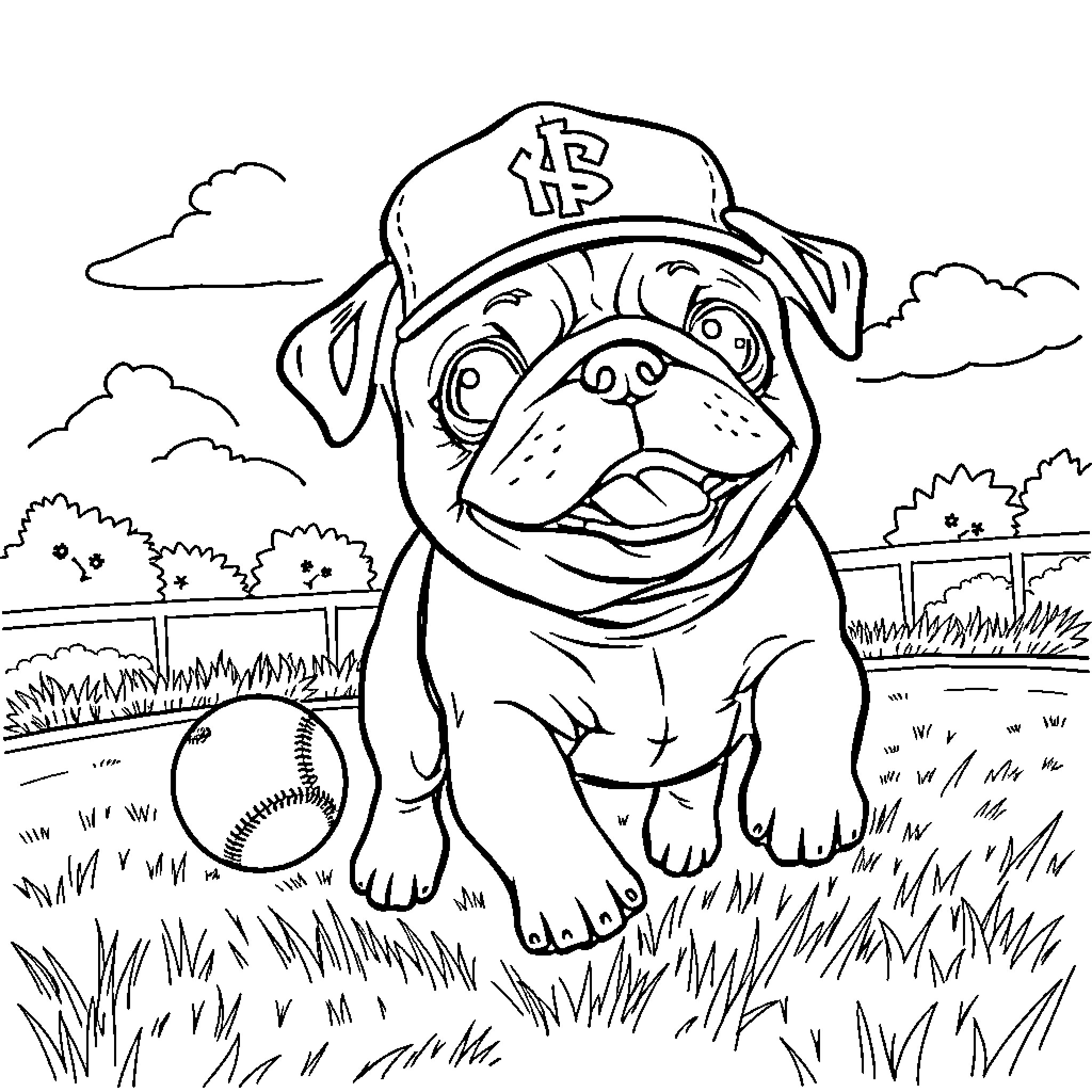 Pug playing with a baseball in the park Coloring Page (free black-and-white line drawing printable PDF for all, from beginners to advanced learners, including children, teens, adults, and seniors)
