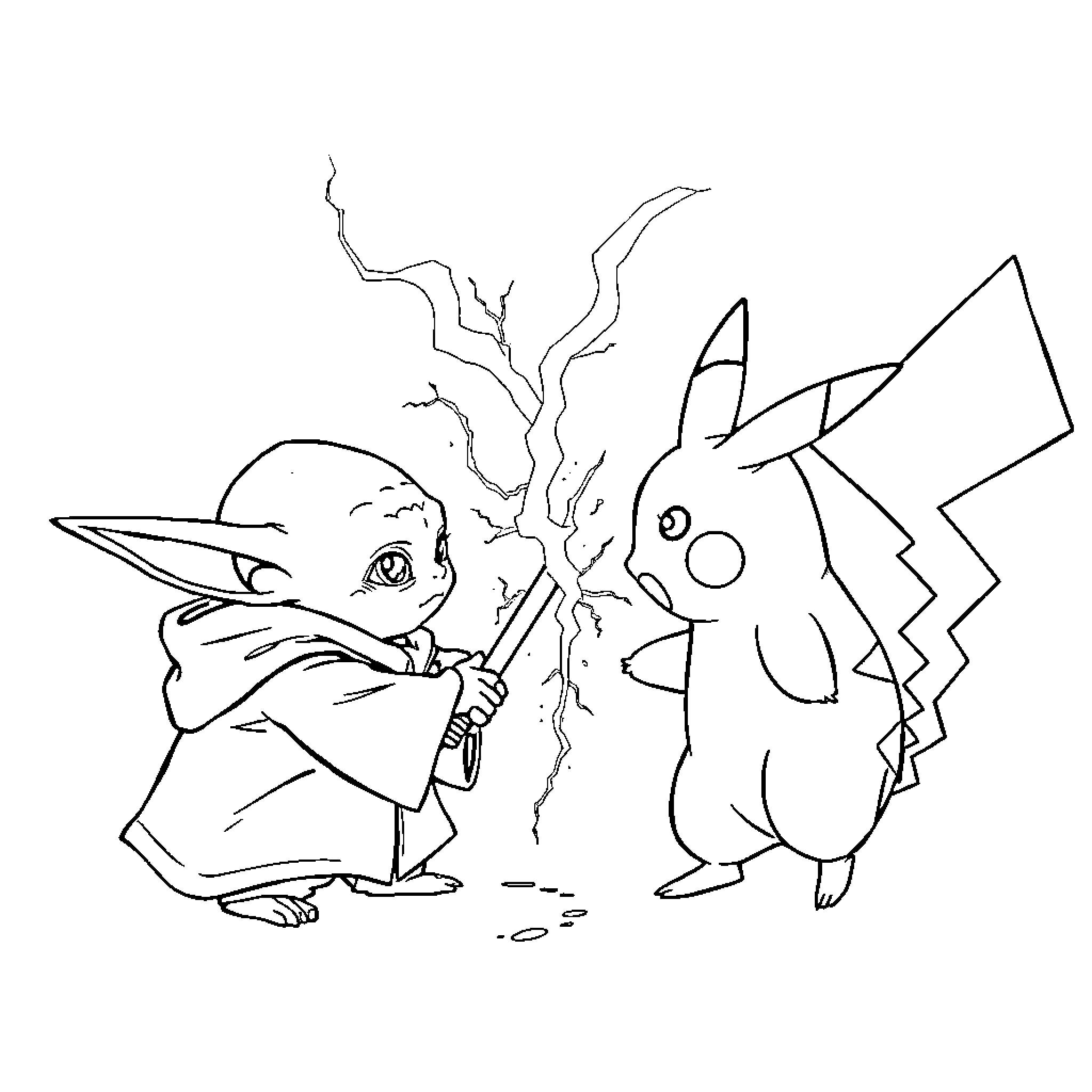 Yoda and Pikachu engaged in magical battle Coloring Page (free black-and-white line drawing printable PDF for all, from beginners to advanced learners, including children, teens, adults, and seniors)