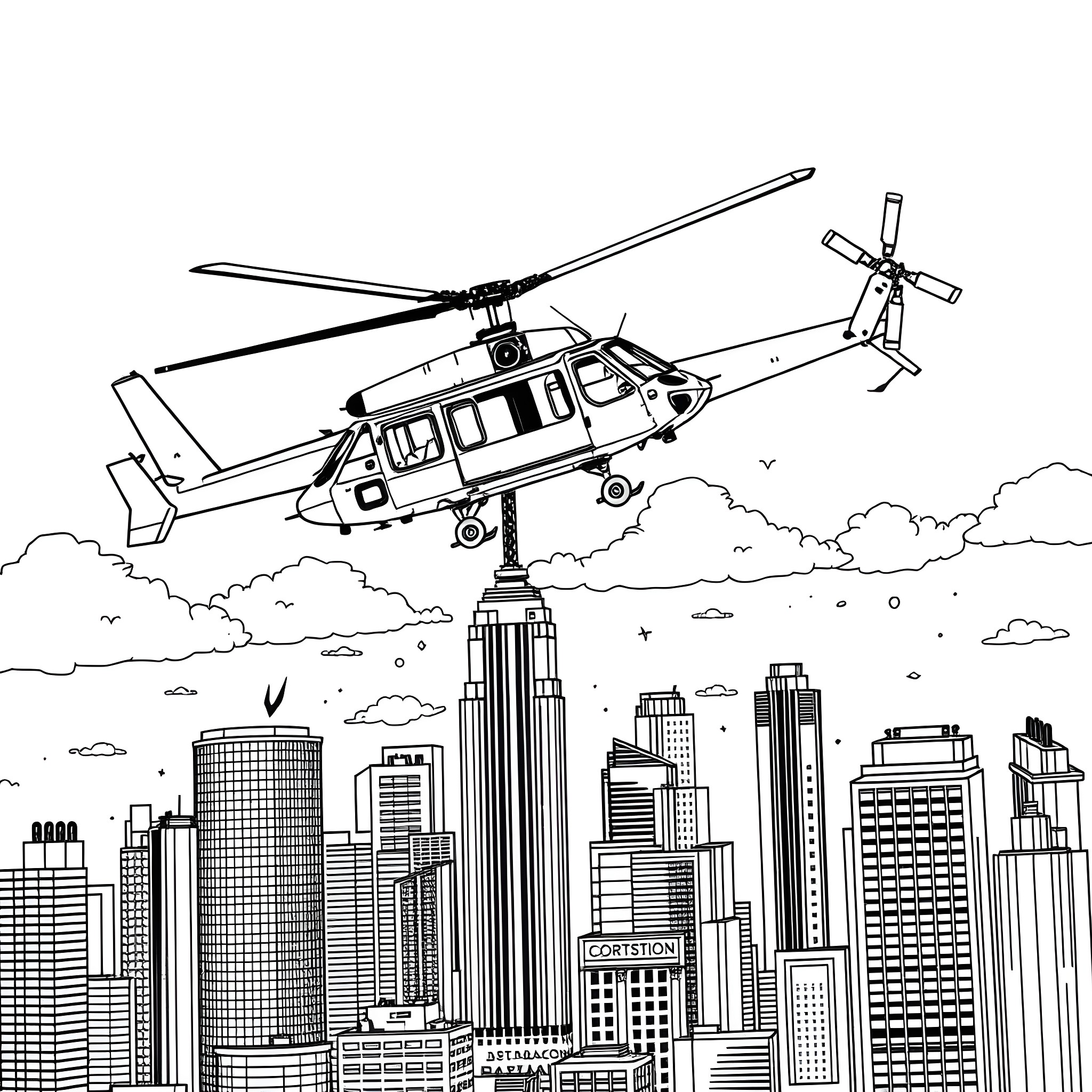 Helicopter flying over a bustling city skyline Coloring Page (free black-and-white line drawing printable PDF for all, from beginners to advanced learners, including children, teens, adults, and seniors)