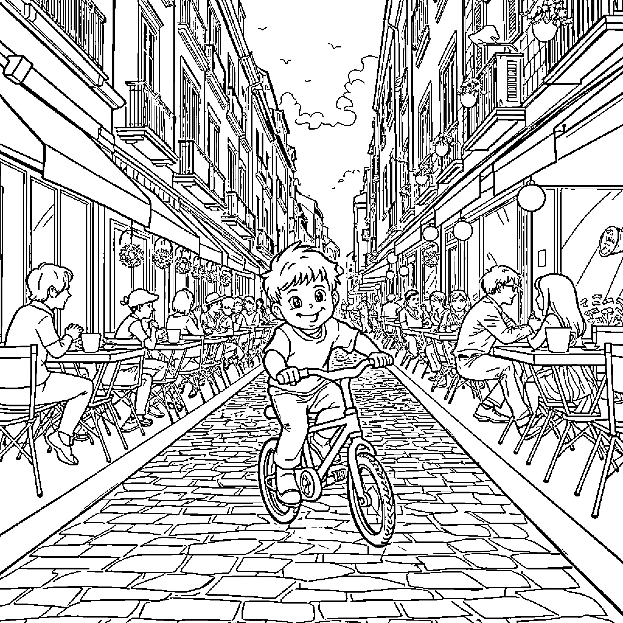 Toddler riding bicycle down a bustling city street Coloring Page (free black-and-white line drawing printable PDF for all, from beginners to advanced learners, including children, teens, adults, and seniors)