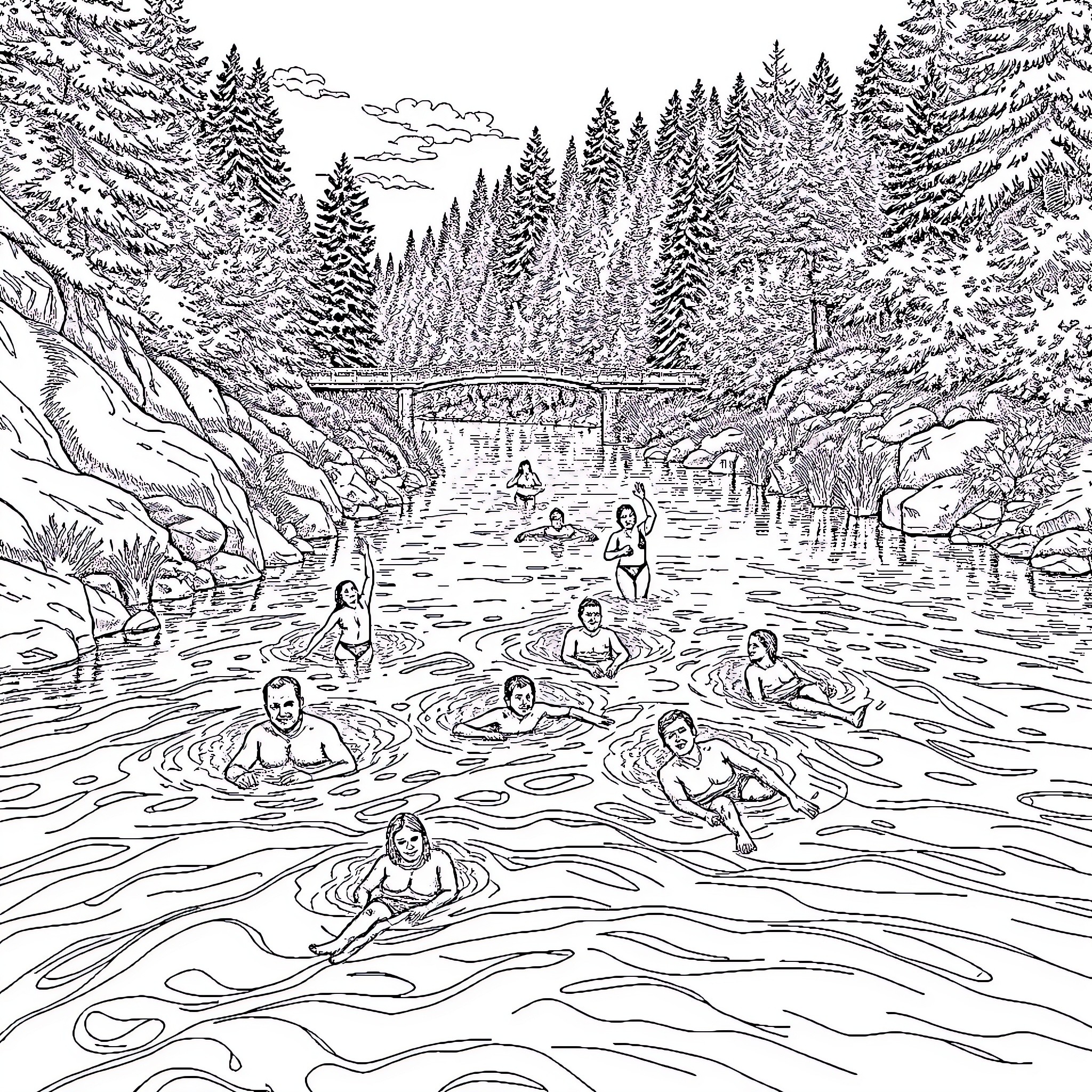 River scene with people swimming and enjoying the outdoors Coloring Page (free black-and-white line drawing printable PDF for all, from beginners to advanced learners, including children, teens, adults, and seniors)