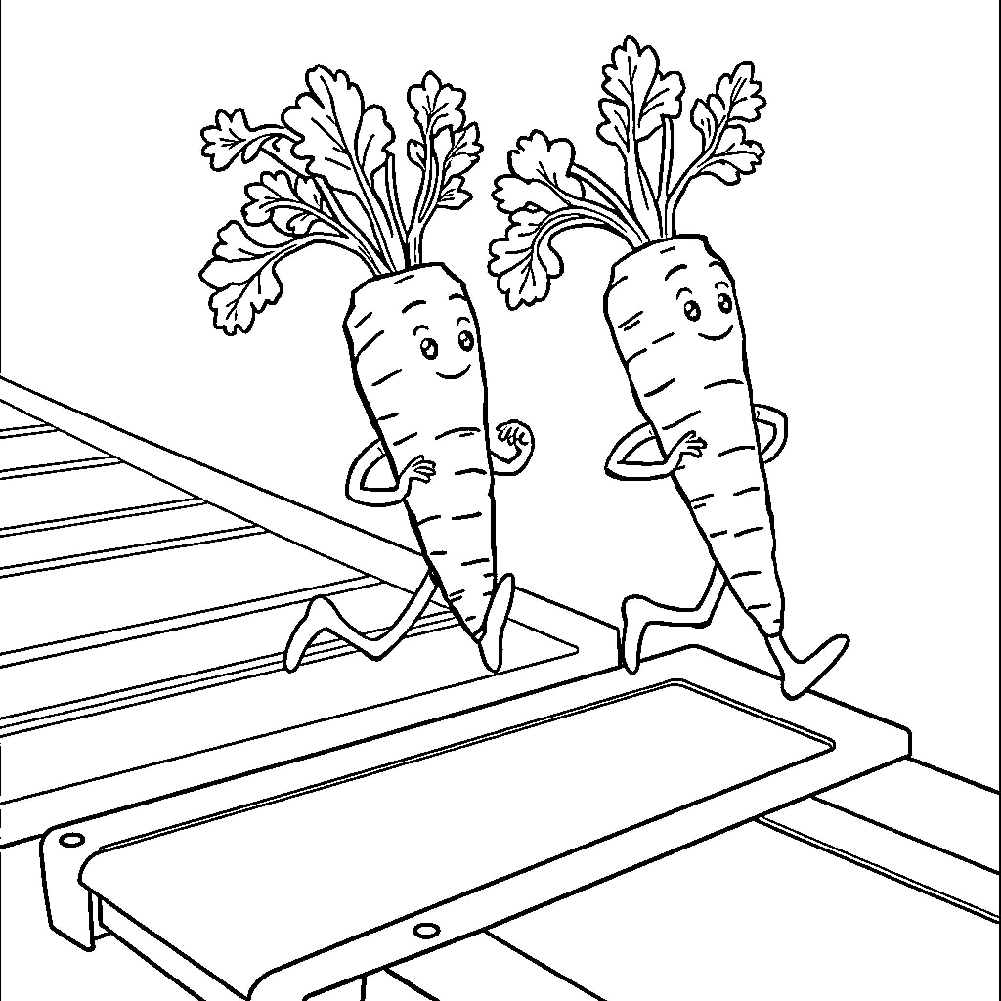 Carrot characters running up stairs Coloring Page (free black-and-white line drawing printable PDF for all, from beginners to advanced learners, including children, teens, adults, and seniors)