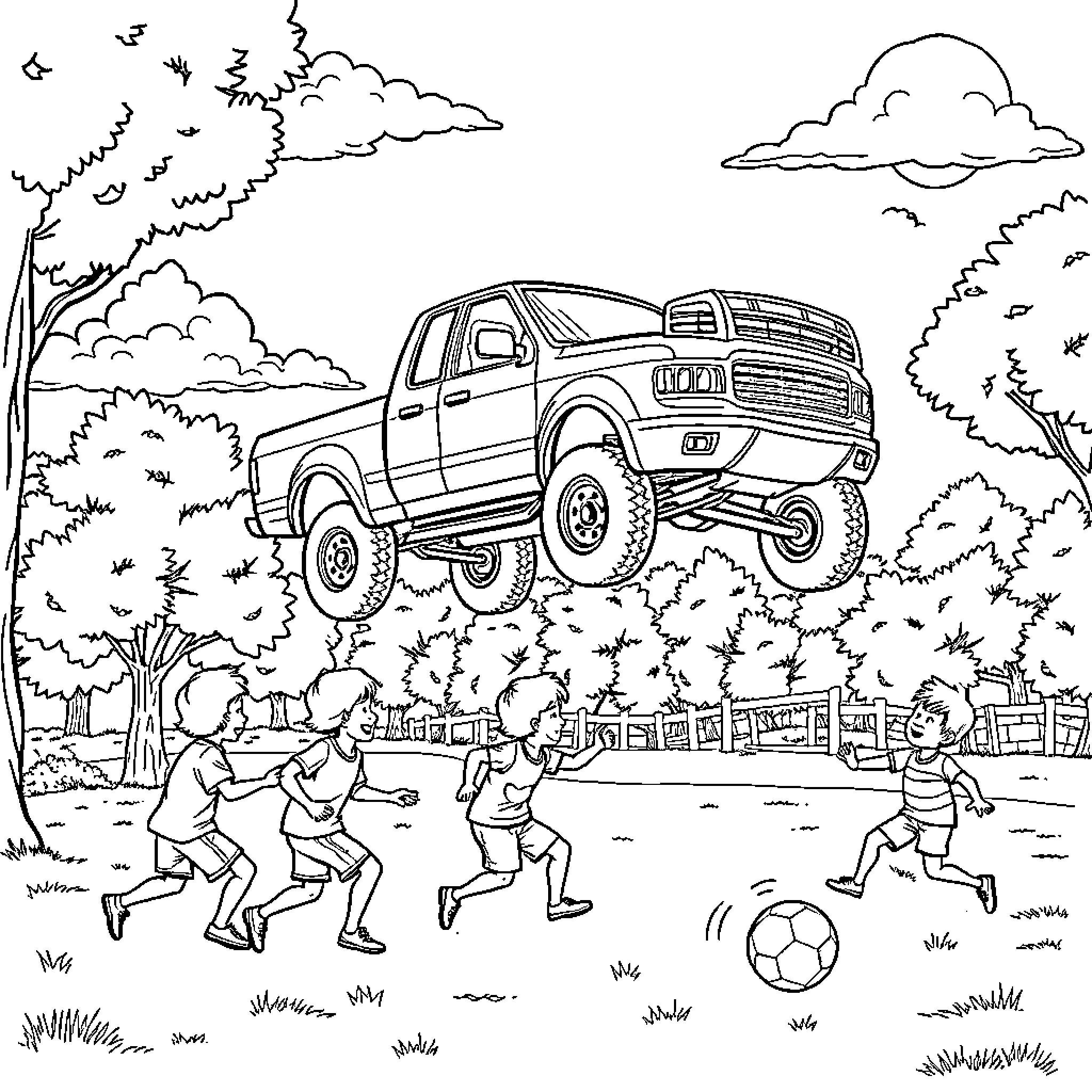 Pickup Truck Traversing Rugged Terrain with Children Playing Nearby Coloring Page (free black-and-white line drawing printable PDF for all, from beginners to advanced learners, including children, teens, adults, and seniors)