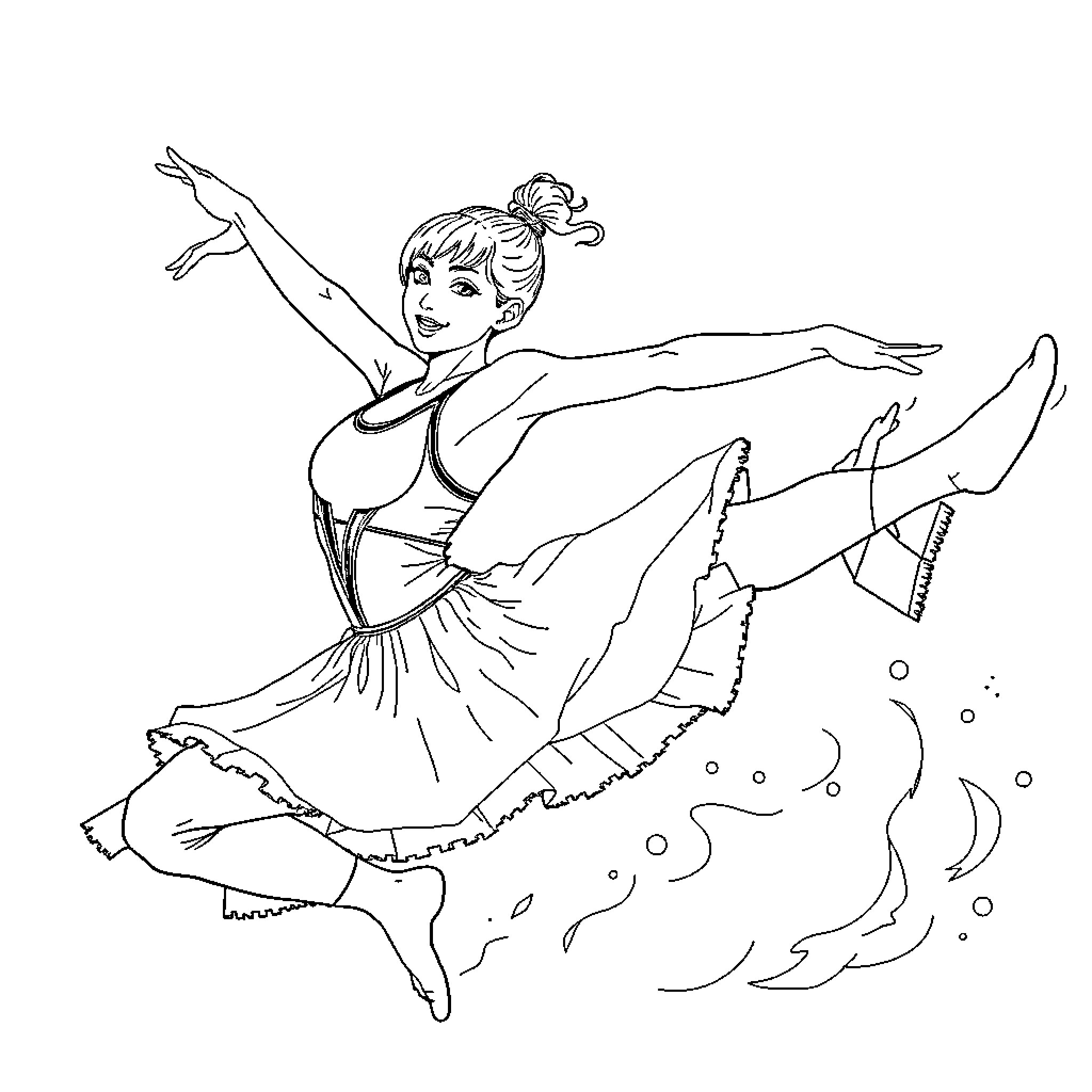 Huntrix Dancer Leaping Gracefully Coloring Page (free black-and-white line drawing printable PDF for all, from beginners to advanced learners, including children, teens, adults, and seniors)