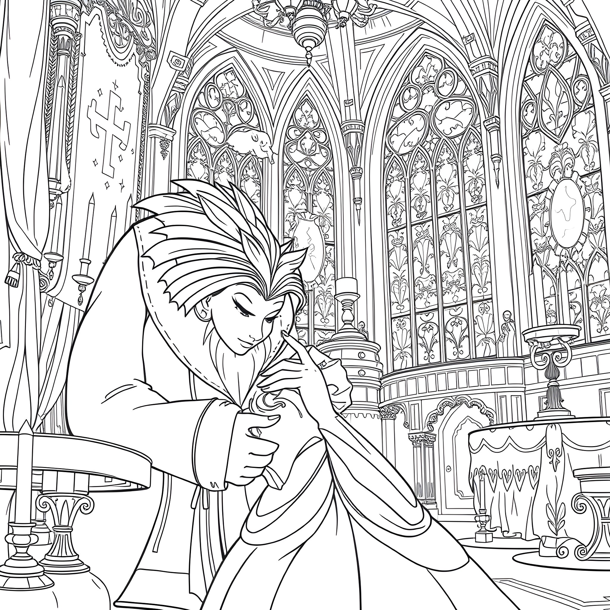 Princess in a grand cathedral Coloring Page (free black-and-white line drawing printable PDF for all, from beginners to advanced learners, including children, teens, adults, and seniors)