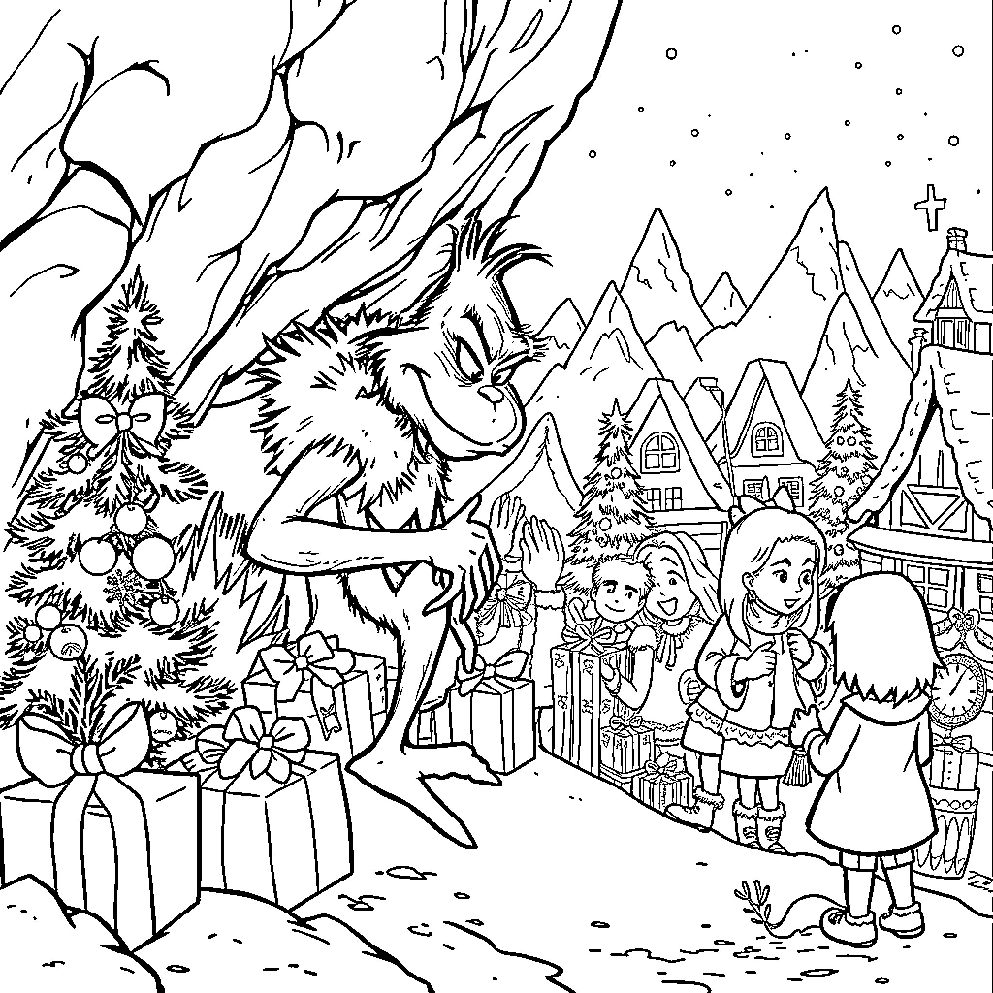 Grinch bringing joy to the village on Christmas Coloring Page (free black-and-white line drawing printable PDF for all, from beginners to advanced learners, including children, teens, adults, and seniors)