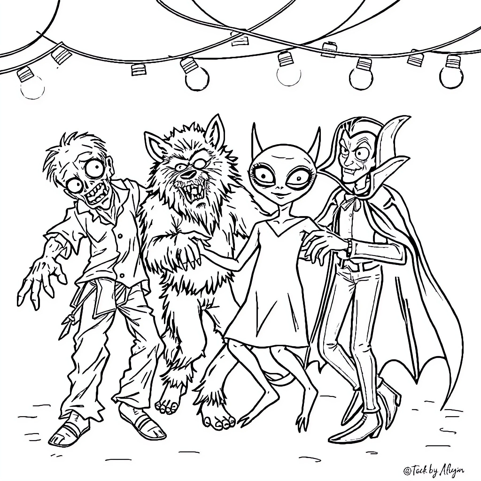 Zombie Creatures Dancing Under Festive Lights Coloring Page (free black-and-white line drawing printable PDF for all, from beginners to advanced learners, including children, teens, adults, and seniors)