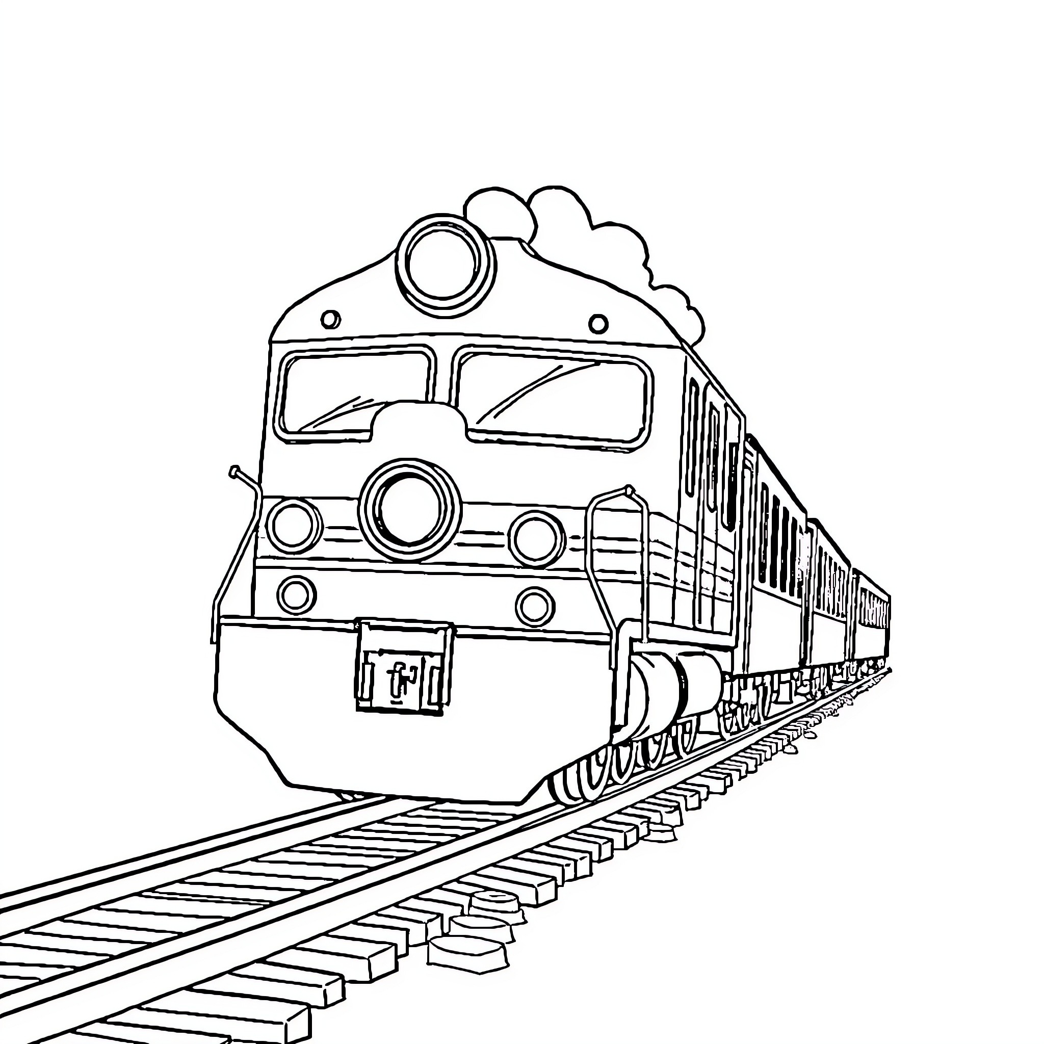 Train chugging along the tracks Coloring Page (free black-and-white line drawing printable PDF for all, from beginners to advanced learners, including children, teens, adults, and seniors)