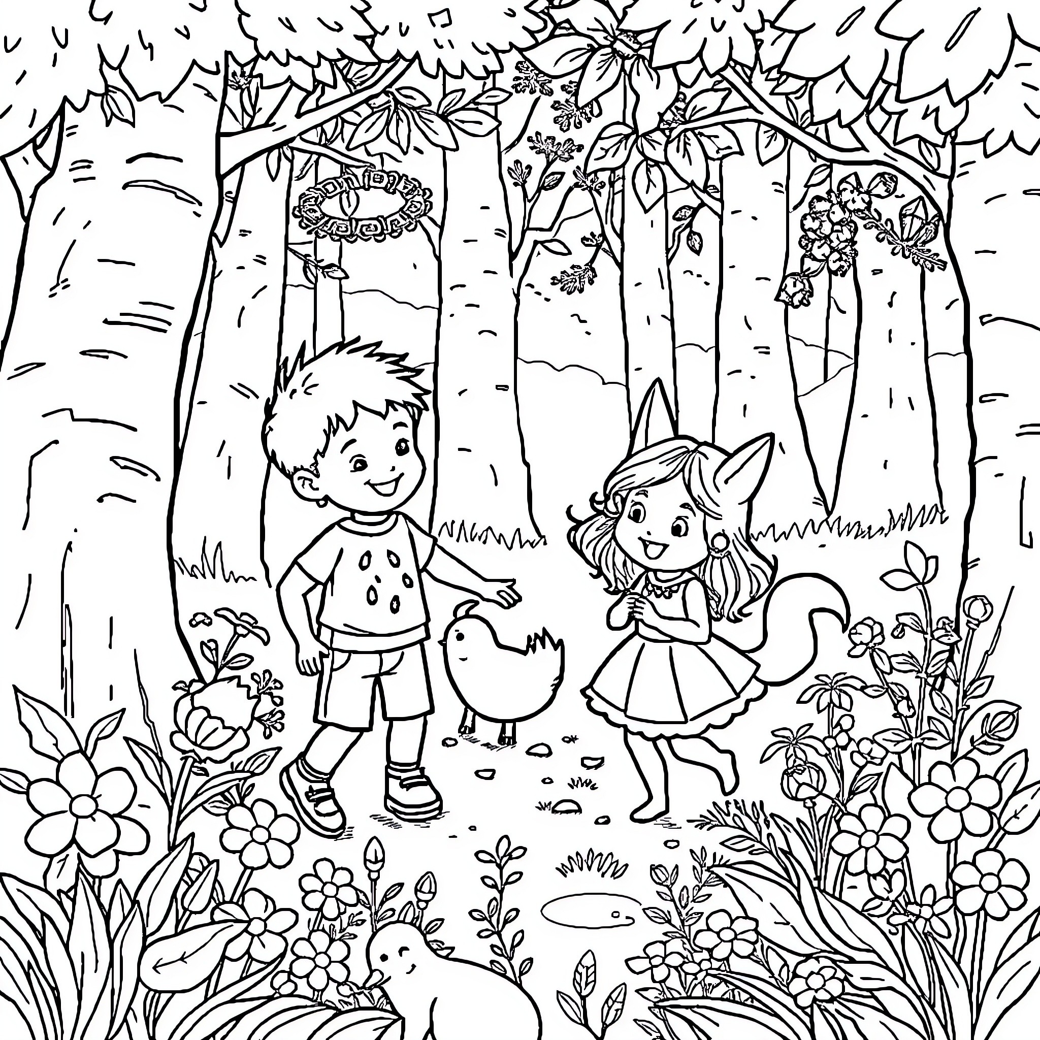 Woodland Creature Friends Explore the Forest Coloring Page (free black-and-white line drawing printable PDF for all, from beginners to advanced learners, including children, teens, adults, and seniors)