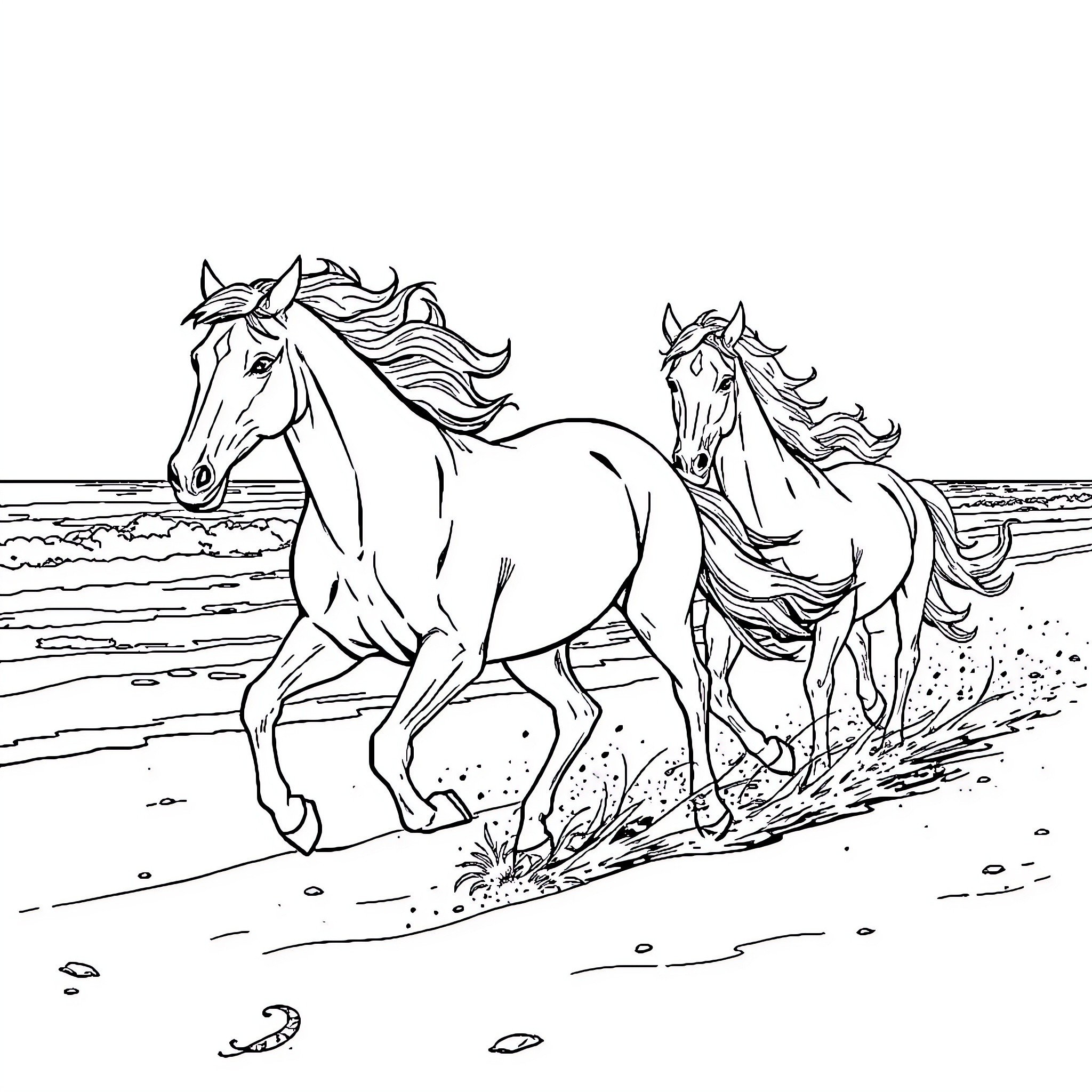 Horses running freely on the beach Coloring Page (free black-and-white line drawing printable PDF for all, from beginners to advanced learners, including children, teens, adults, and seniors)