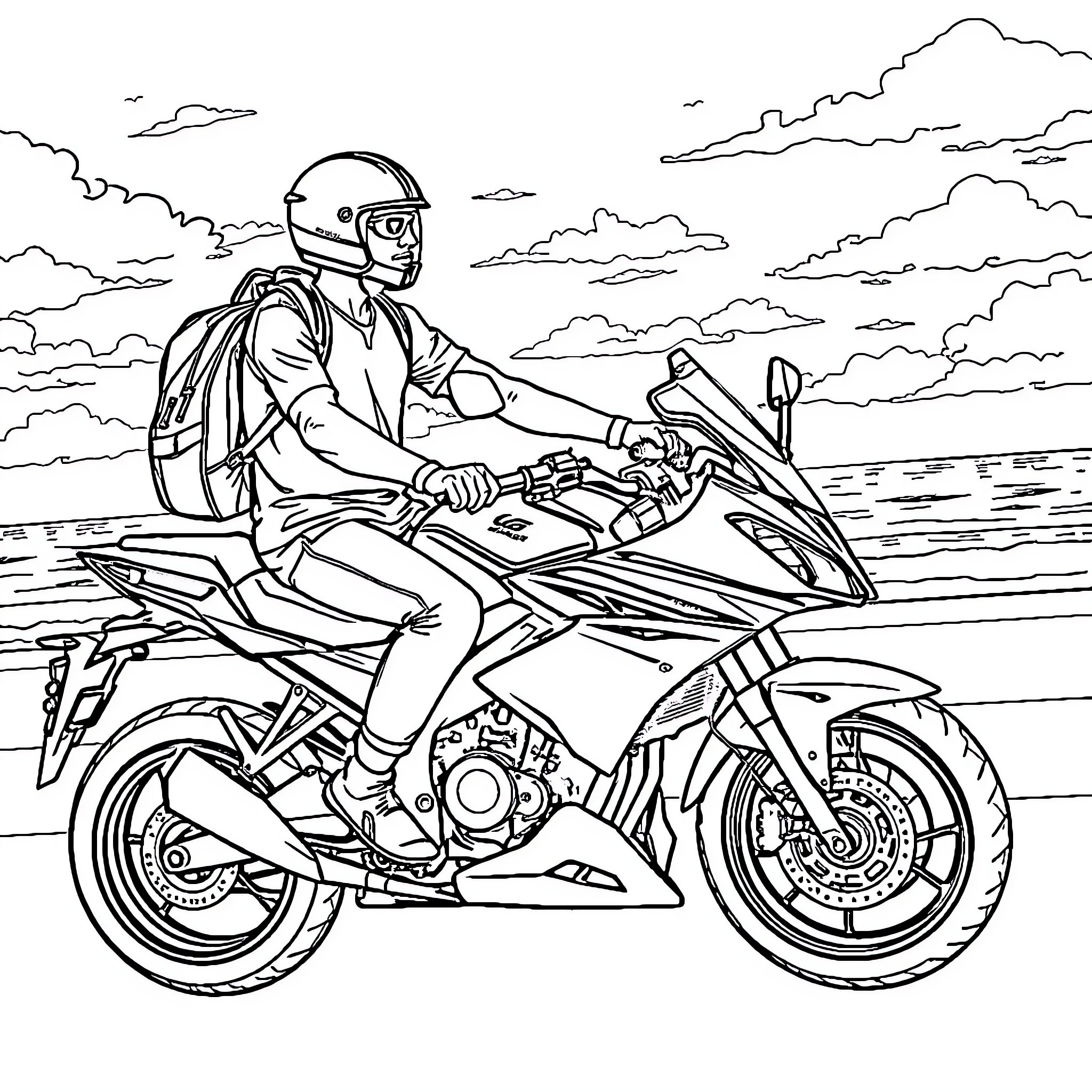 Young Man Riding a Motorcycle on the Road Coloring Page (free black-and-white line drawing printable PDF for all, from beginners to advanced learners, including children, teens, adults, and seniors)