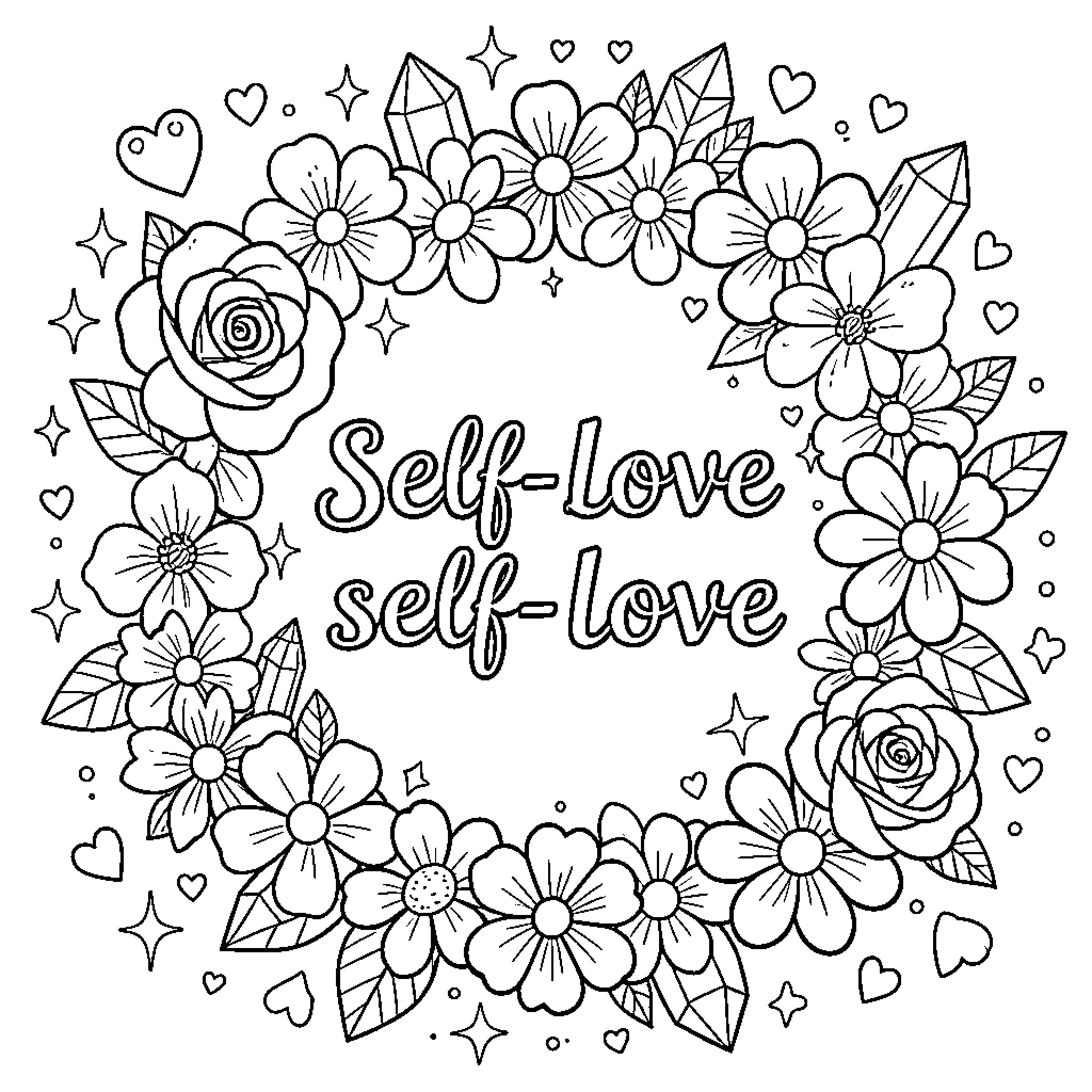 Quote Floral self-love encouragement Coloring Page (free black-and-white line drawing printable PDF for all, from beginners to advanced learners, including children, teens, adults, and seniors)