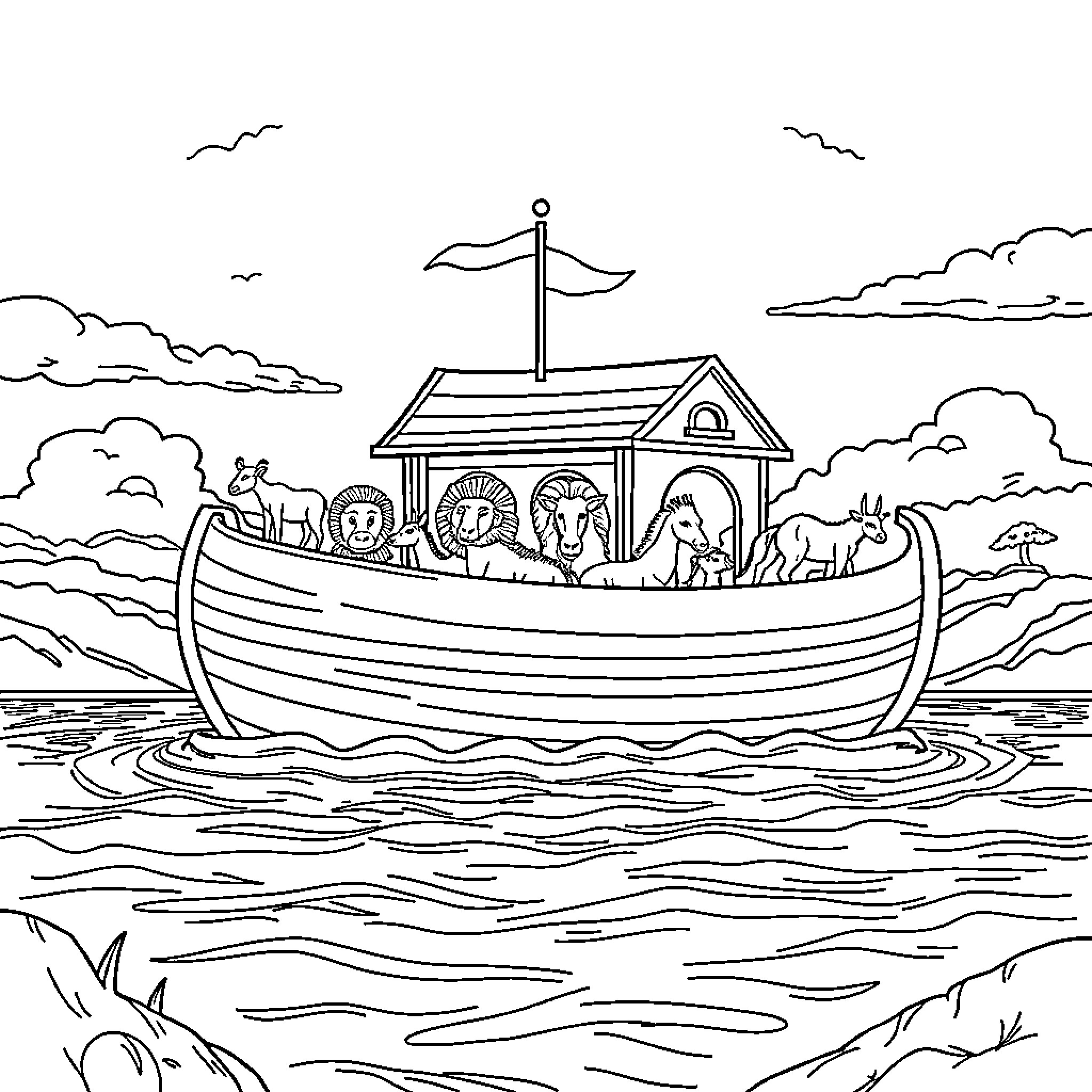 Noah's Ark with various animals aboard sailing on the sea Coloring Page (free black-and-white line drawing printable PDF for all, from beginners to advanced learners, including children, teens, adults, and seniors)