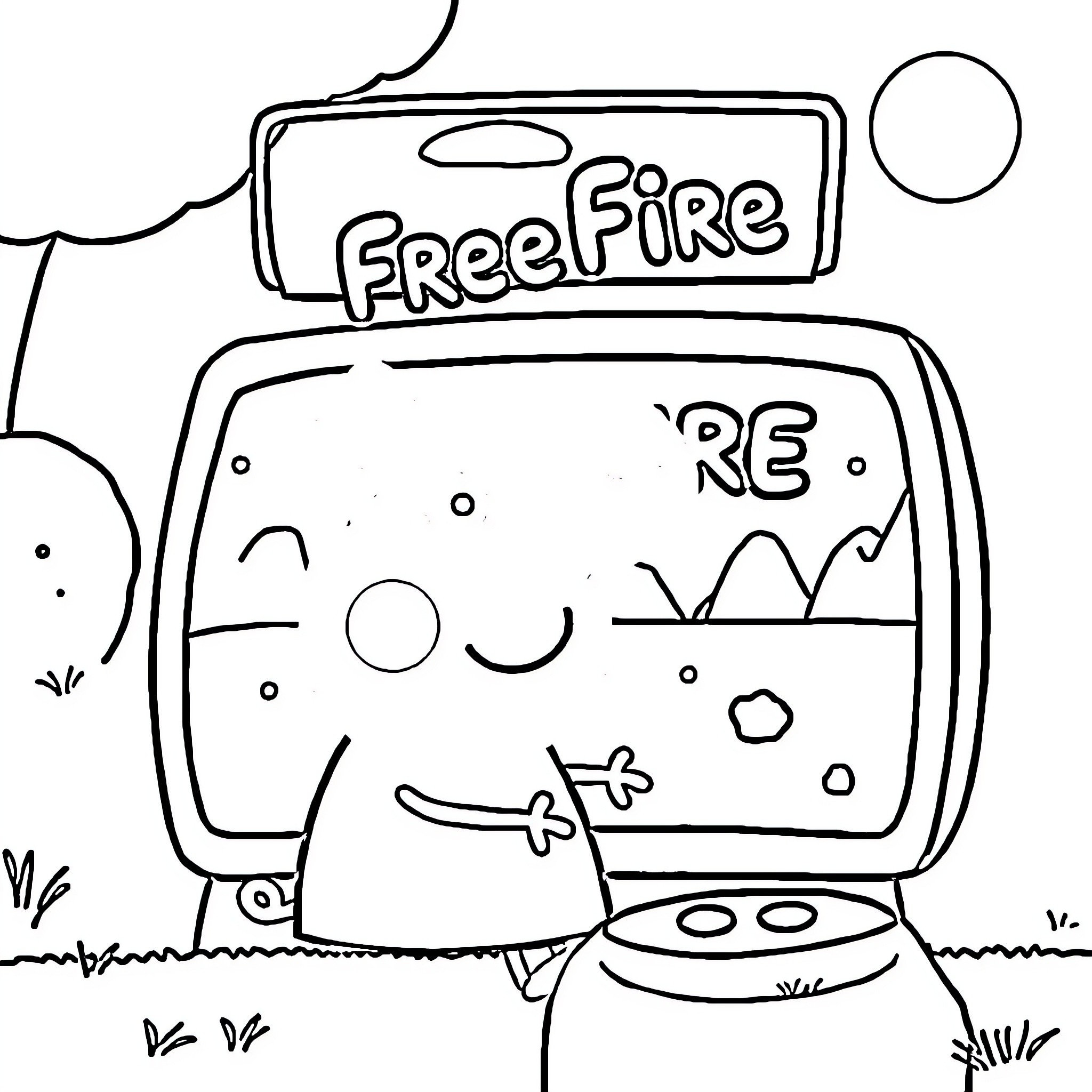 Peppa Pig enjoys Free Fire video game Coloring Page (free black-and-white line drawing printable PDF for all, from beginners to advanced learners, including children, teens, adults, and seniors)
