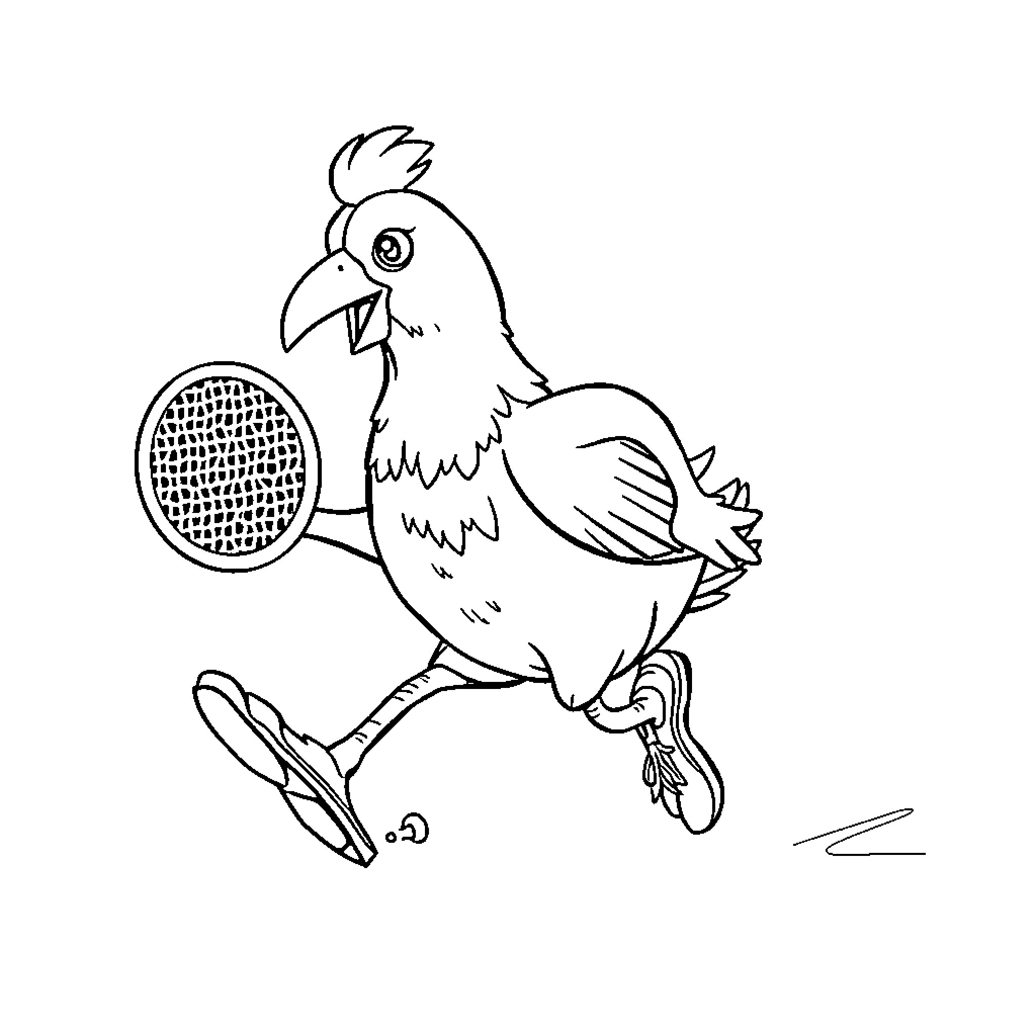 Duck playing tennis with racket Coloring Page (free black-and-white line drawing printable PDF for all, from beginners to advanced learners, including children, teens, adults, and seniors)