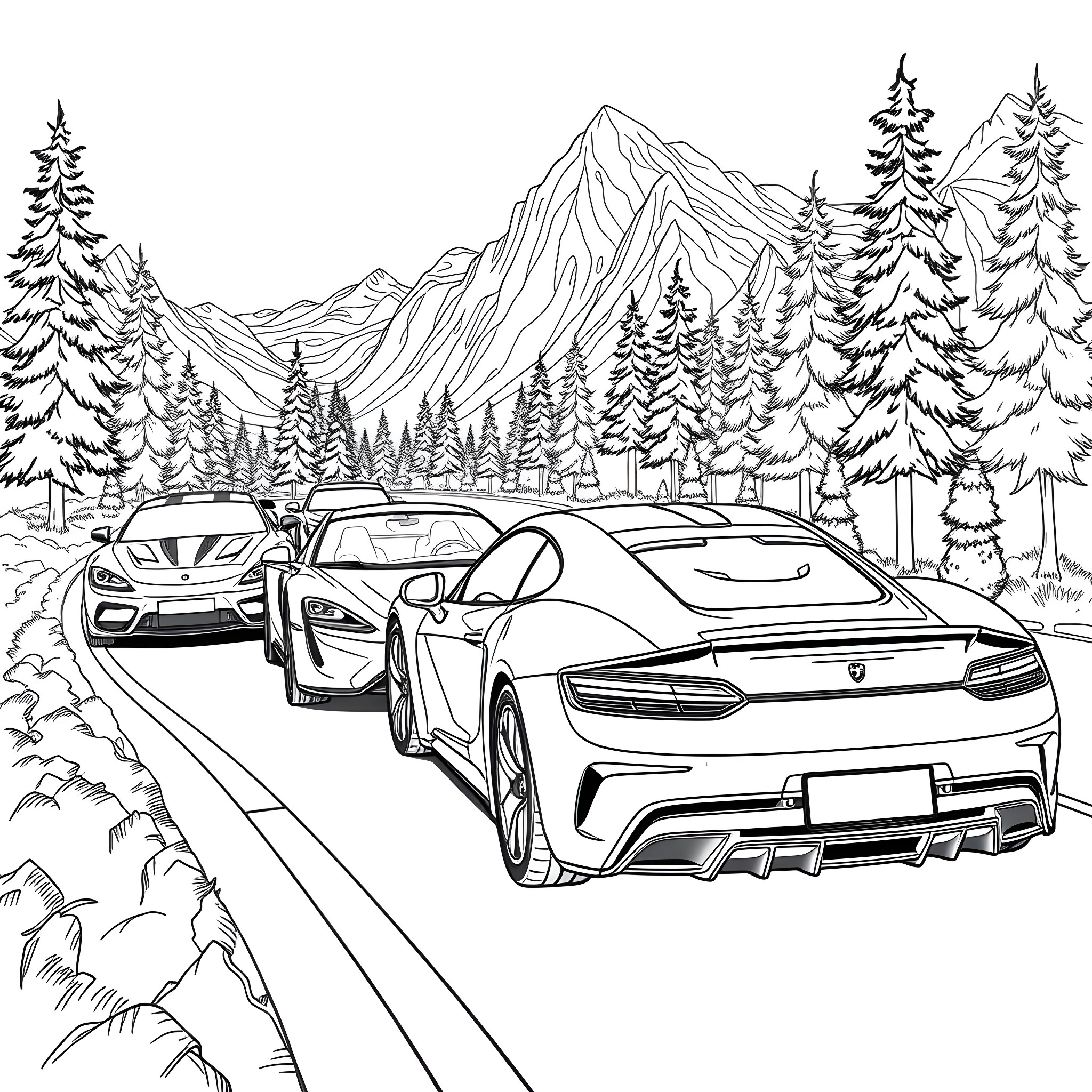 Cars driving through snowy mountain landscape Coloring Page (free black-and-white line drawing printable PDF for all, from beginners to advanced learners, including children, teens, adults, and seniors)