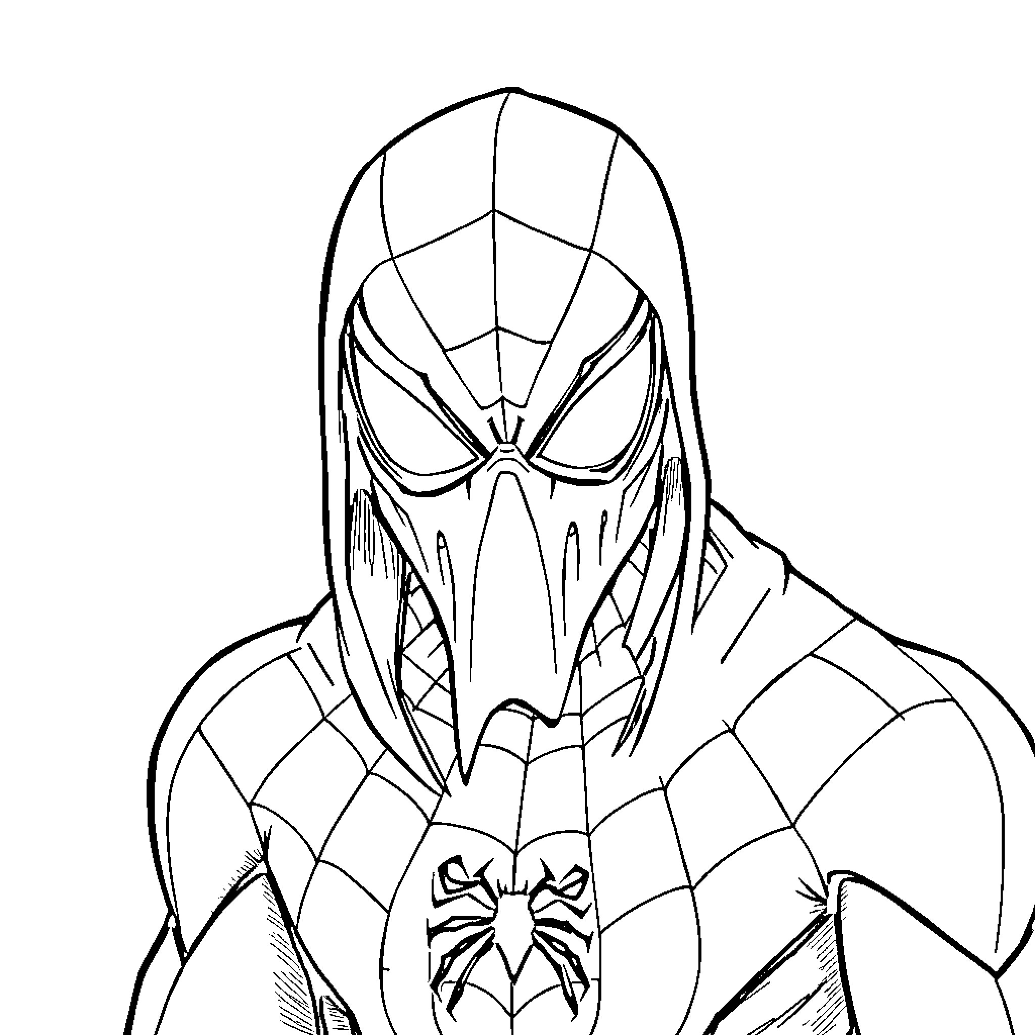 Spider-Man villain with intimidating mask and pose Coloring Page (free black-and-white line drawing printable PDF for all, from beginners to advanced learners, including children, teens, adults, and seniors)