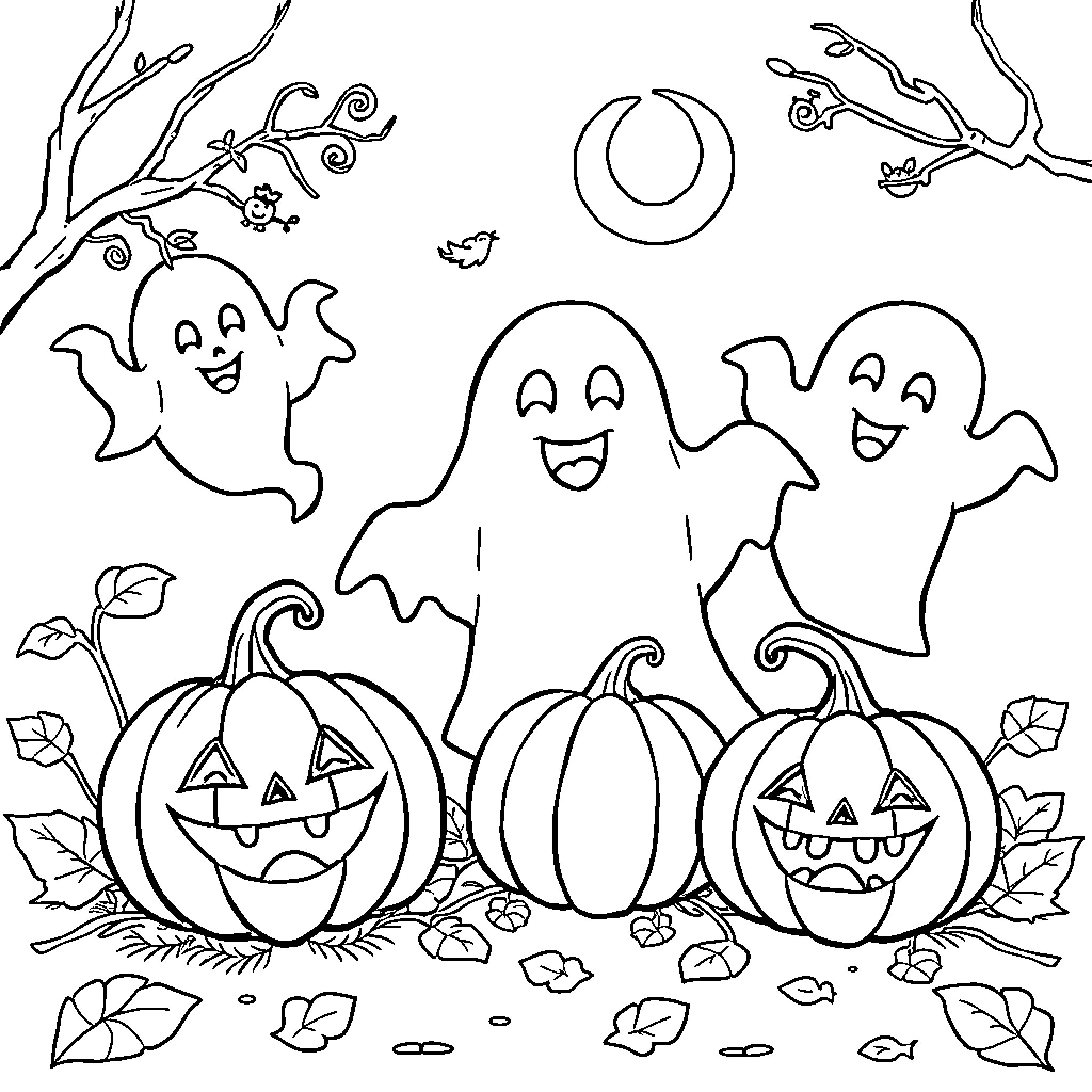 Halloween ghosts and jack-o-lanterns in the fall Coloring Page (free black-and-white line drawing printable PDF for all, from beginners to advanced learners, including children, teens, adults, and seniors)