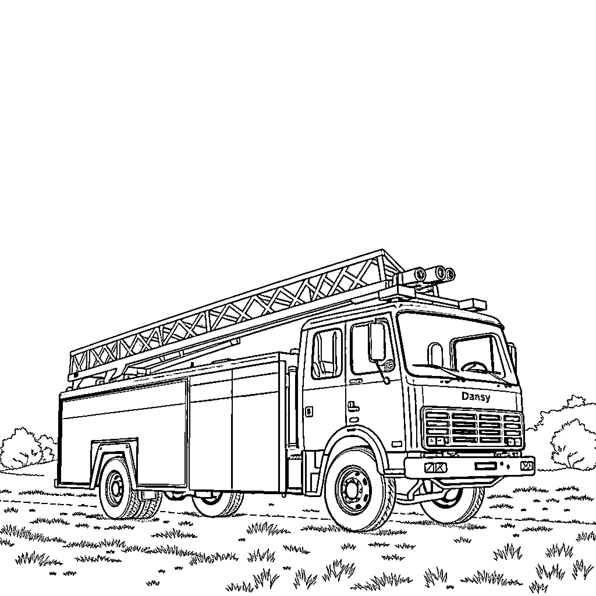 Fire Truck responding to emergency in the countryside Coloring Page (free black-and-white line drawing printable PDF for all, from beginners to advanced learners, including children, teens, adults, and seniors)