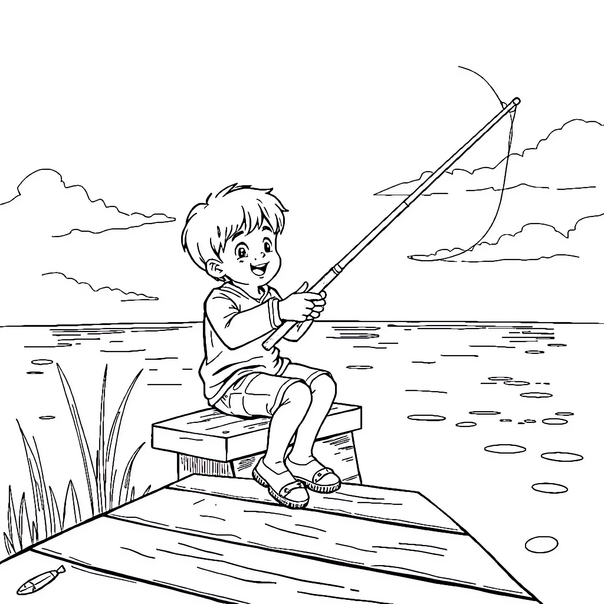 Kid fishing by the lake with fishing rod Coloring Page (free black-and-white line drawing printable PDF for all, from beginners to advanced learners, including children, teens, adults, and seniors)