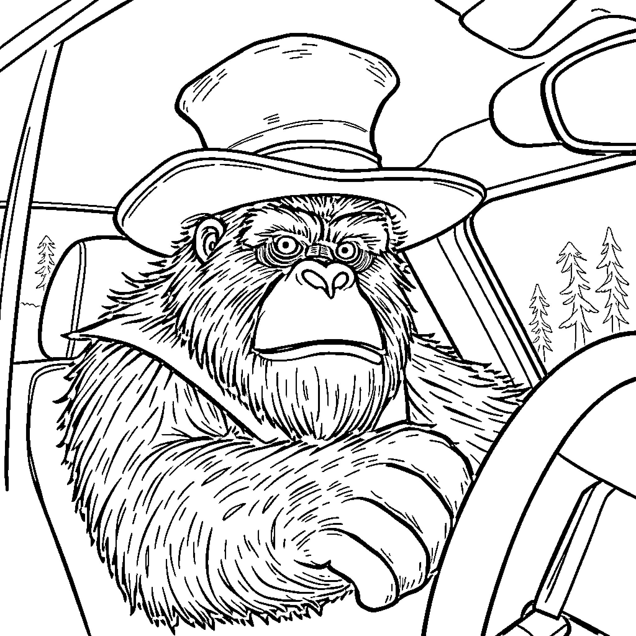 Sasquatch driving a car through the wilderness Coloring Page (free black-and-white line drawing printable PDF for all, from beginners to advanced learners, including children, teens, adults, and seniors)