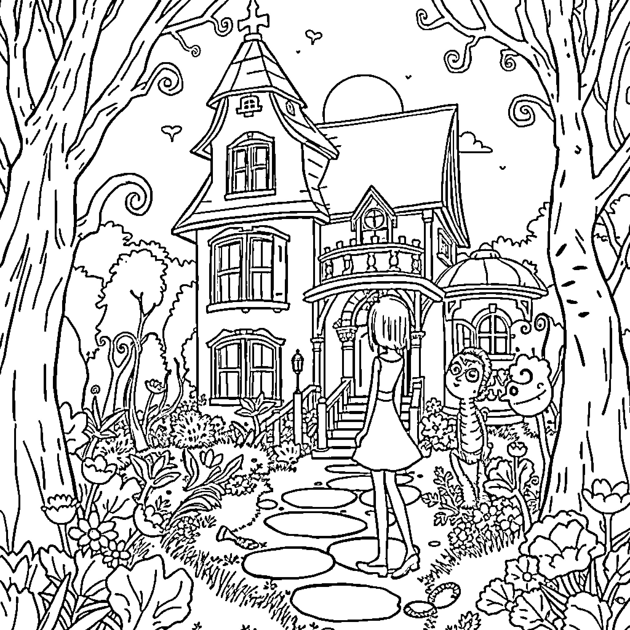 Coraline exploring a spooky haunted house in the woods Coloring Page (free black-and-white line drawing printable PDF for all, from beginners to advanced learners, including children, teens, adults, and seniors)