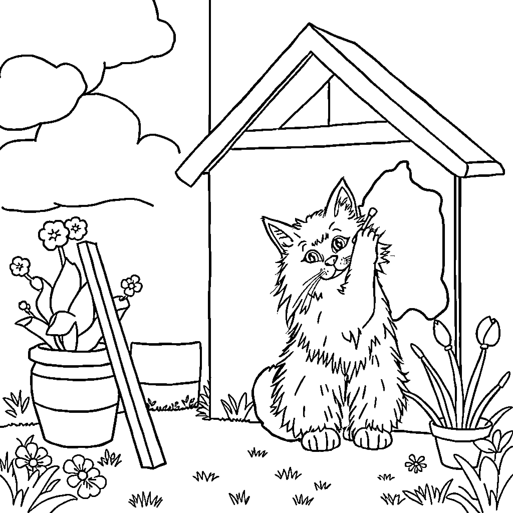 Cat relaxing in the garden Coloring Page (free black-and-white line drawing printable PDF for all, from beginners to advanced learners, including children, teens, adults, and seniors)