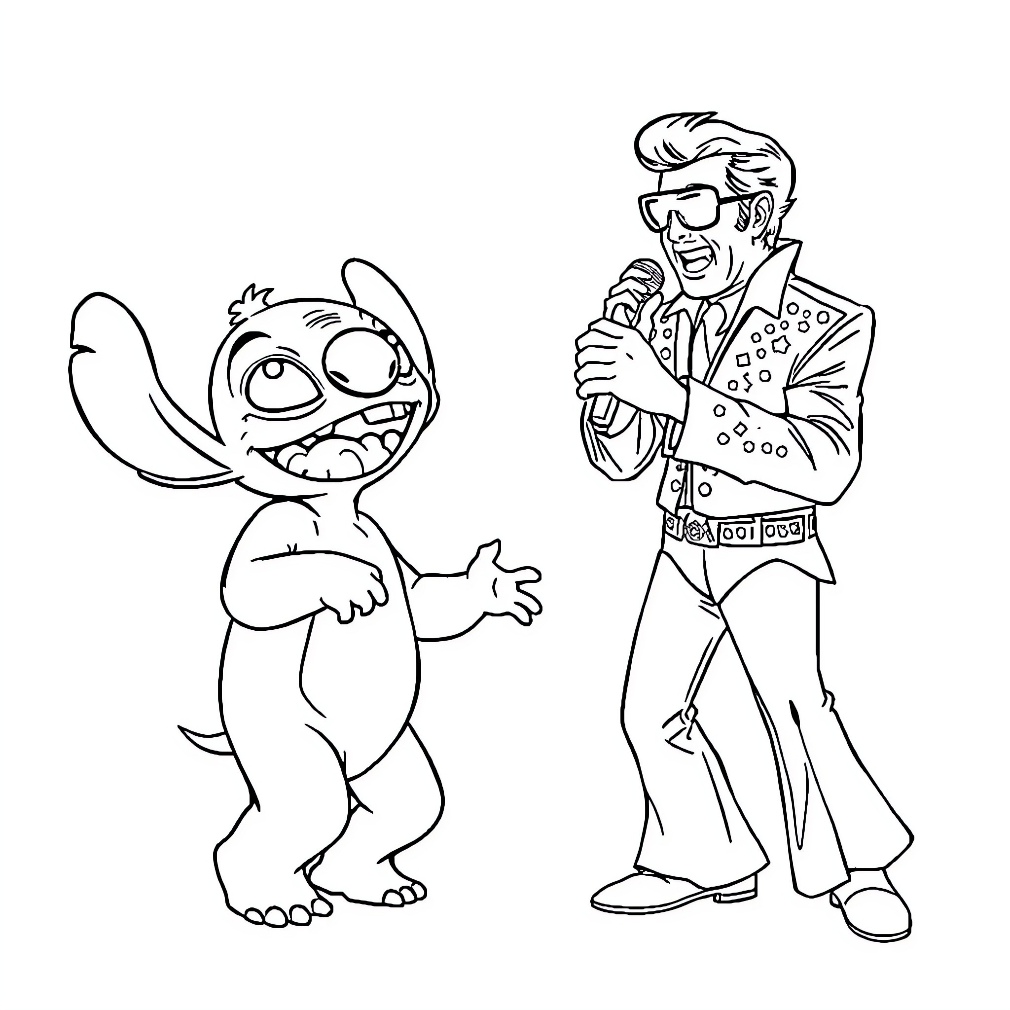 Stitch and Elvis-like character in comical poses Coloring Page (free black-and-white line drawing printable PDF for all, from beginners to advanced learners, including children, teens, adults, and seniors)