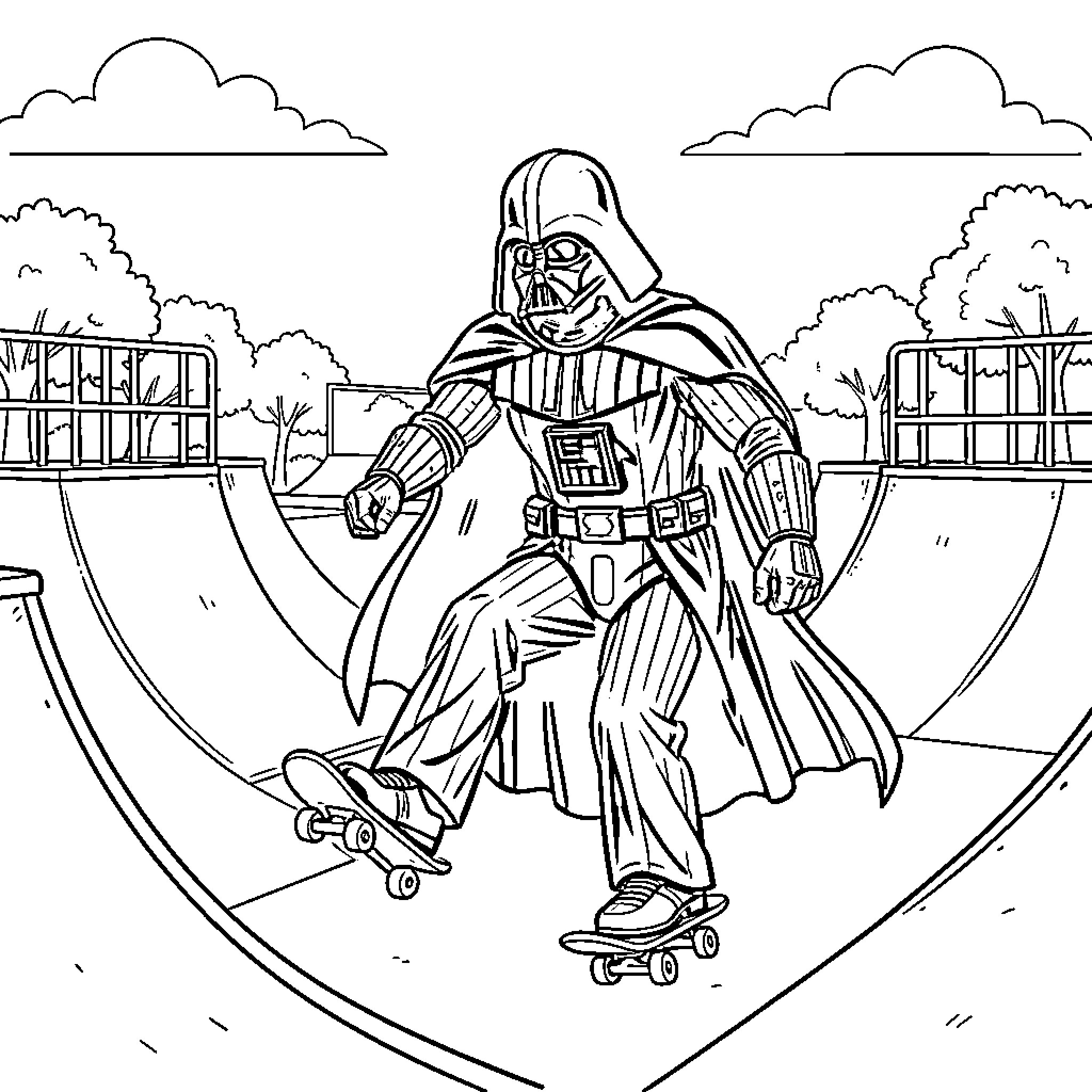 Darth Vader skateboarding in a skate park Coloring Page (free black-and-white line drawing printable PDF for all, from beginners to advanced learners, including children, teens, adults, and seniors)
