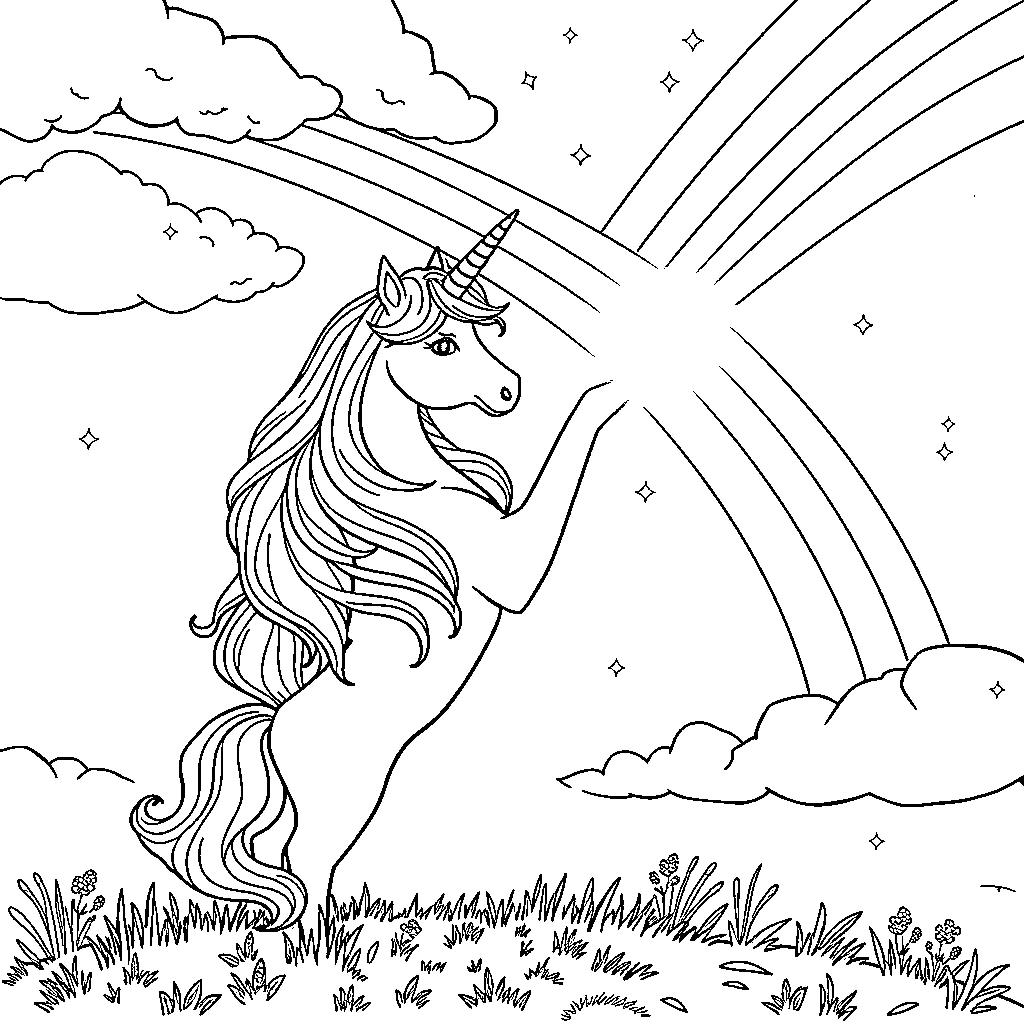 Unicorn dancing under a rainbow in the meadow Coloring Page (free black-and-white line drawing printable PDF for all, from beginners to advanced learners, including children, teens, adults, and seniors)