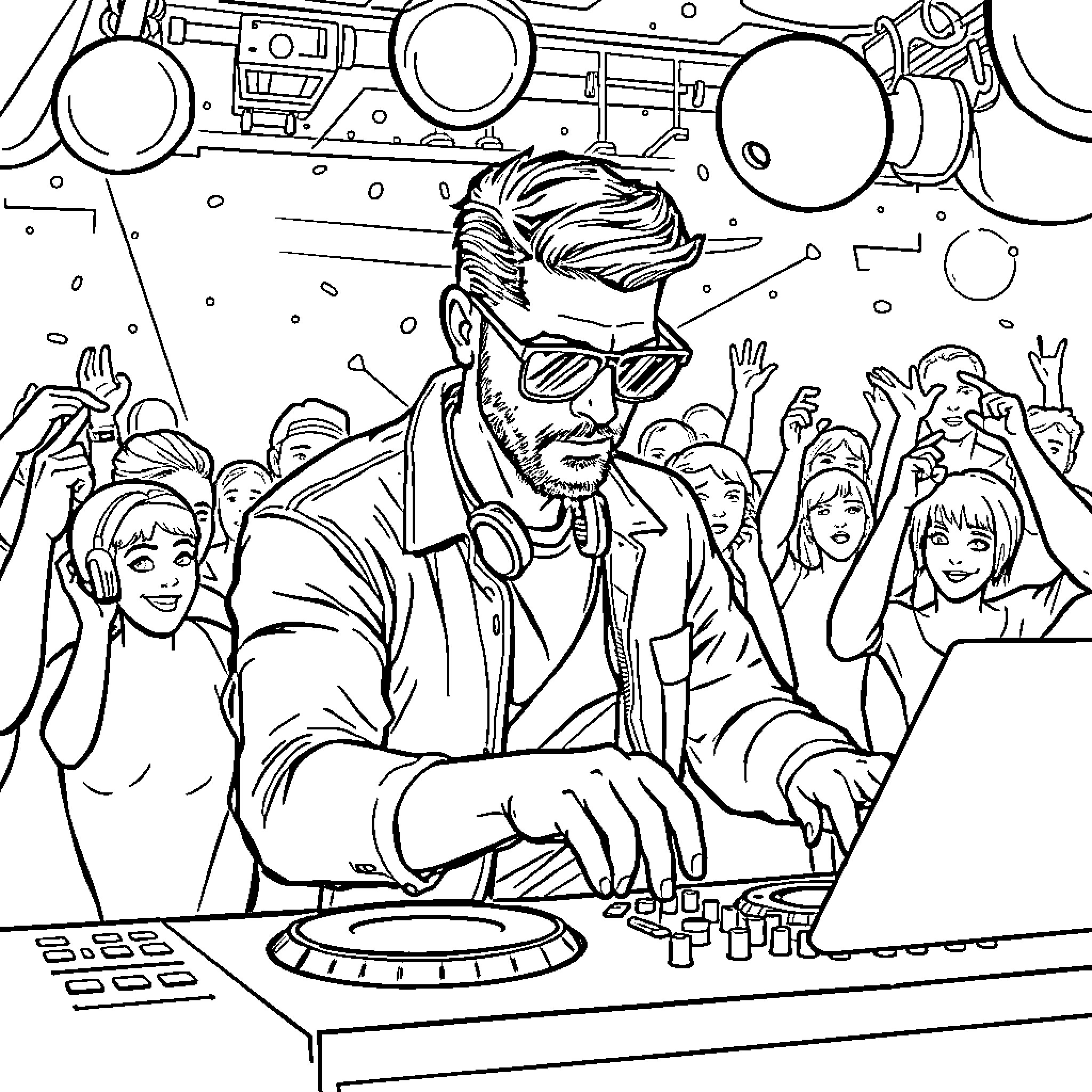 DJ Rocking the Dance Floor with Crowd Coloring Page (free black-and-white line drawing printable PDF for all, from beginners to advanced learners, including children, teens, adults, and seniors)