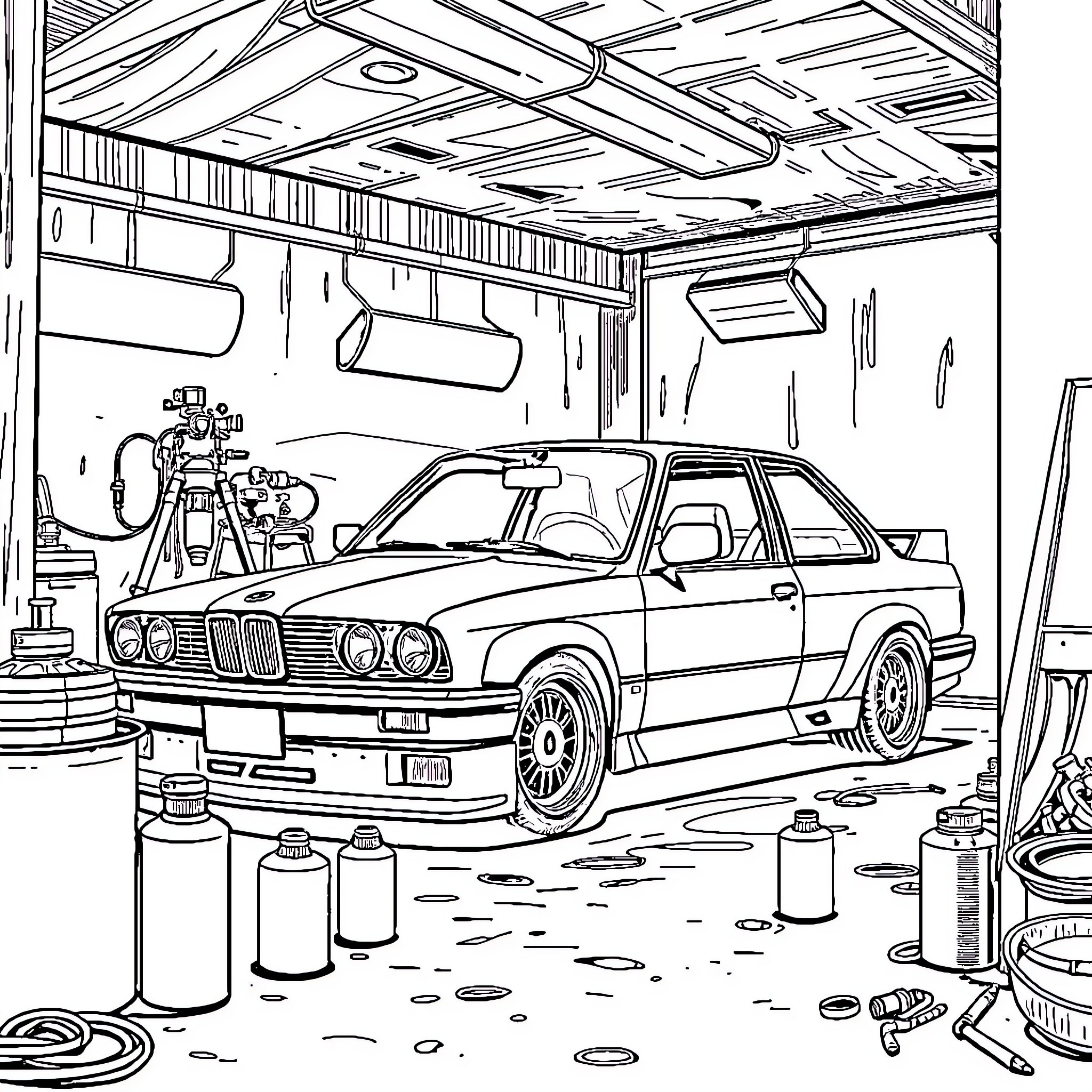 E30 BMW in Auto Repair Workshop Coloring Page (free black-and-white line drawing printable PDF for all, from beginners to advanced learners, including children, teens, adults, and seniors)