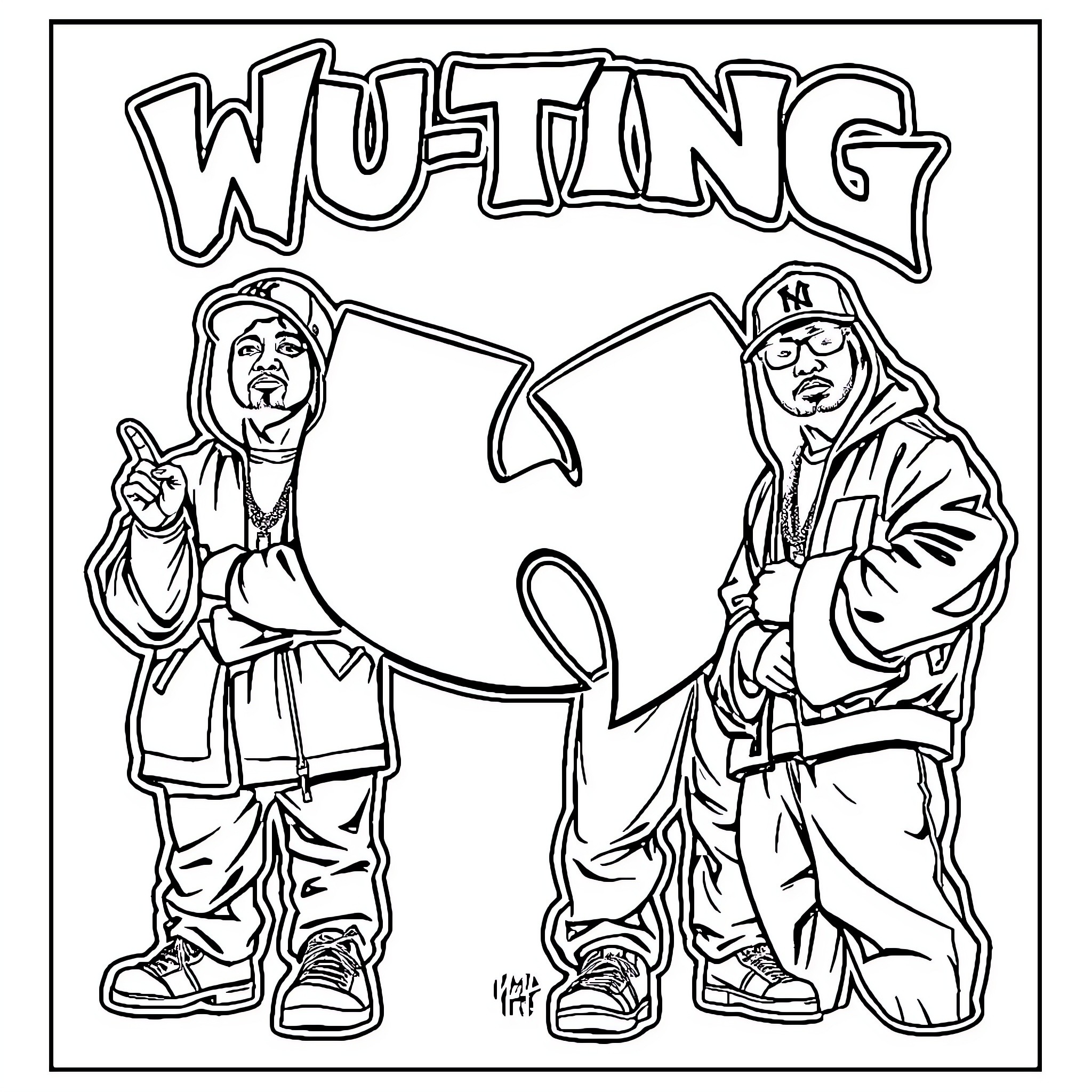 Wu Tang Clan Members in Casual Outfits Coloring Page (free black-and-white line drawing printable PDF for all, from beginners to advanced learners, including children, teens, adults, and seniors)