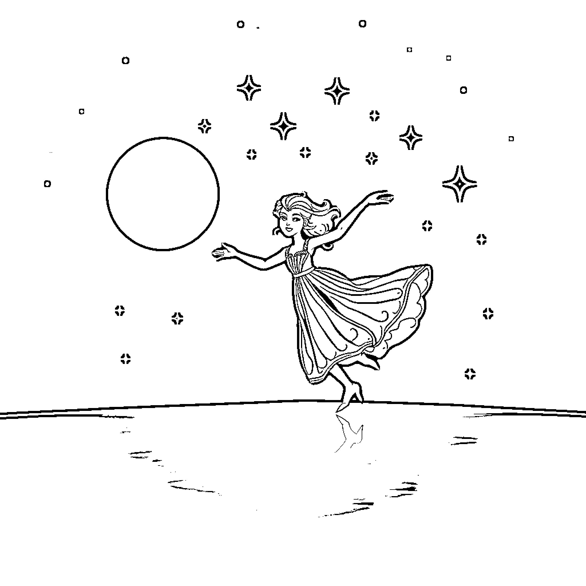 Tandjiro's Starry Night Dance Coloring Page (free black-and-white line drawing printable PDF for all, from beginners to advanced learners, including children, teens, adults, and seniors)