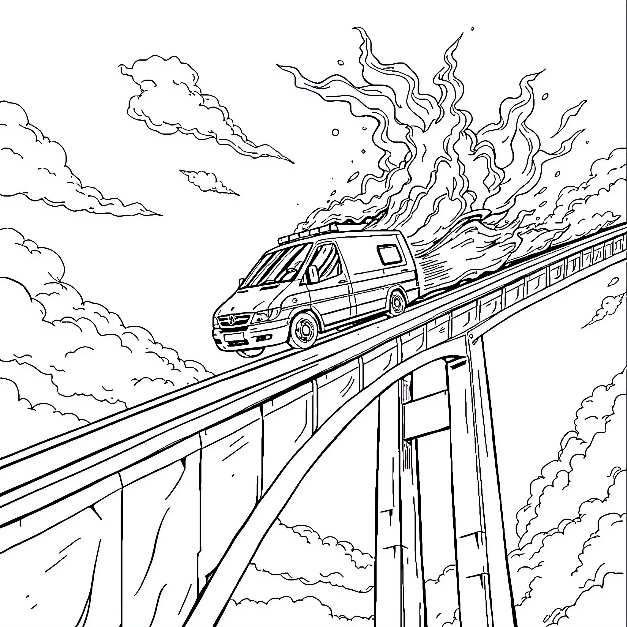 Ambulance speeding across a perilous bridge Coloring Page (free black-and-white line drawing printable PDF for all, from beginners to advanced learners, including children, teens, adults, and seniors)