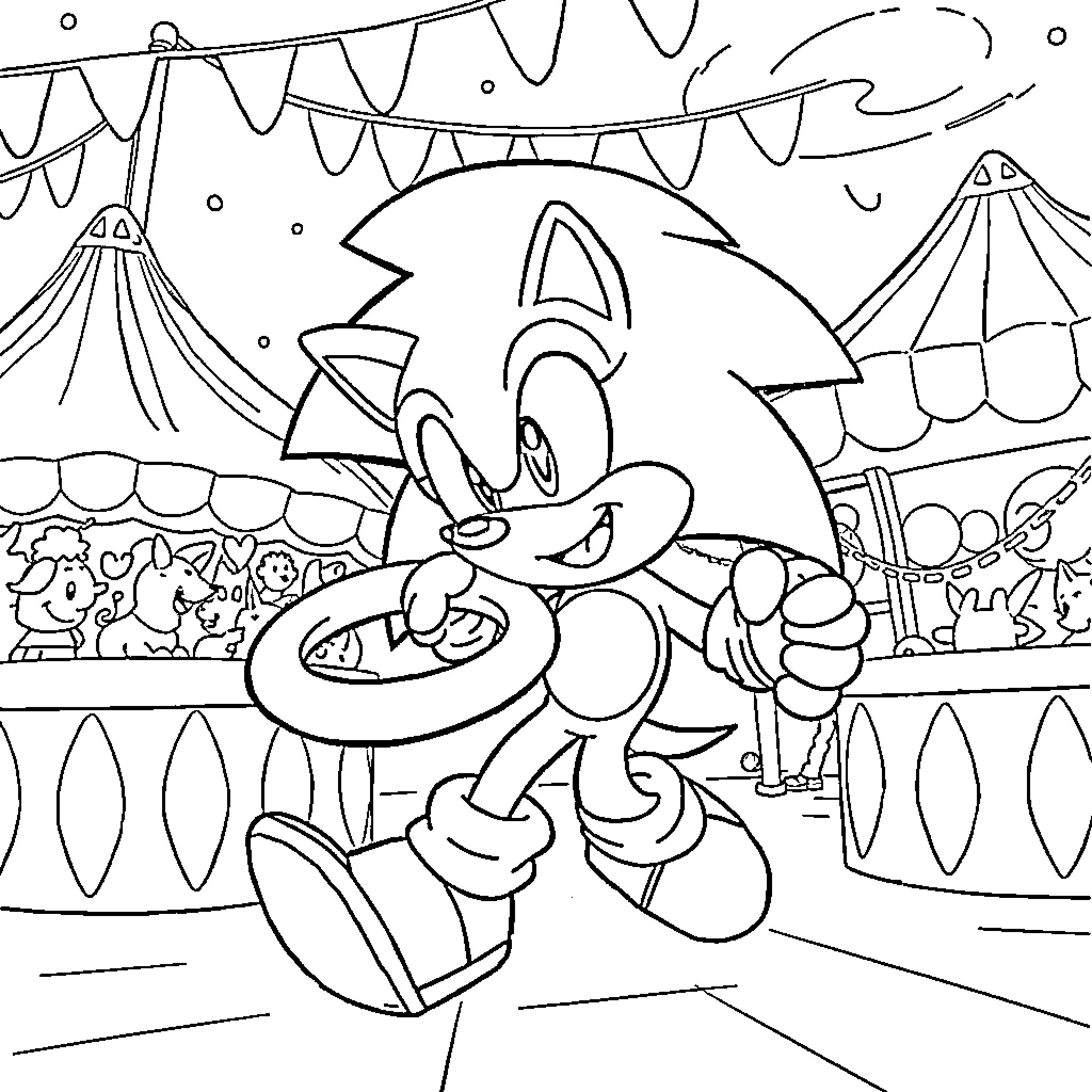 Sonic at the Carnival Celebration Coloring Page (free black-and-white line drawing printable PDF for all, from beginners to advanced learners, including children, teens, adults, and seniors)
