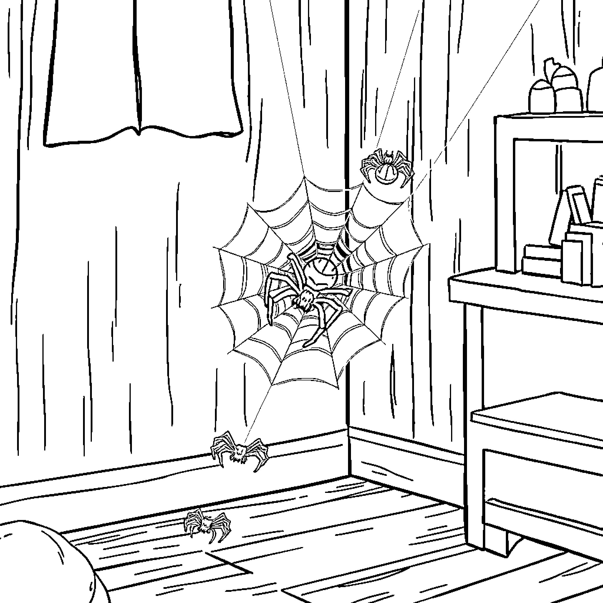 Spider weaving web in spooky room Coloring Page (free black-and-white line drawing printable PDF for all, from beginners to advanced learners, including children, teens, adults, and seniors)