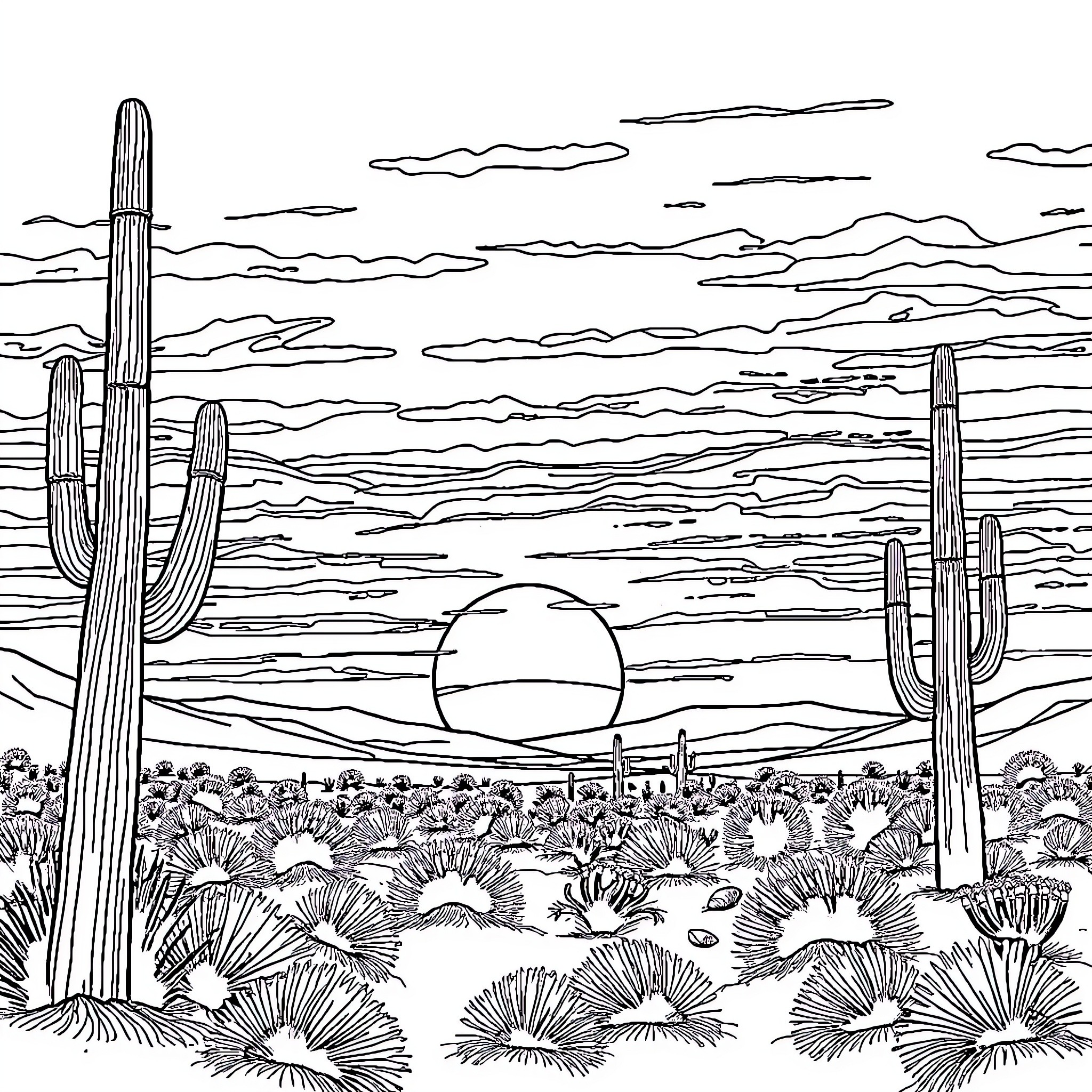 Desert landscape with cacti and sunset Coloring Page (free black-and-white line drawing printable PDF for all, from beginners to advanced learners, including children, teens, adults, and seniors)