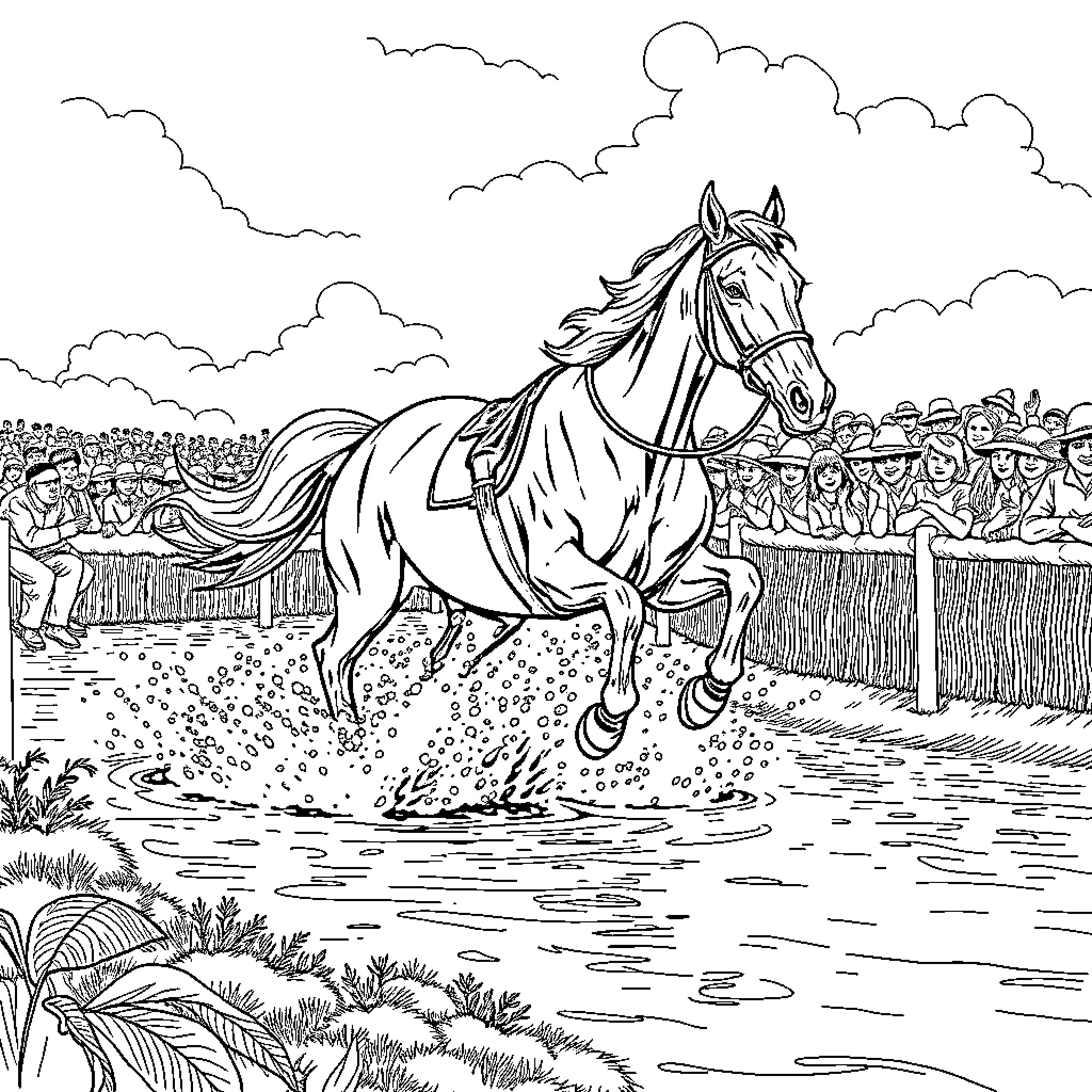 Horse racing in the arena with crowds Coloring Page (free black-and-white line drawing printable PDF for all, from beginners to advanced learners, including children, teens, adults, and seniors)