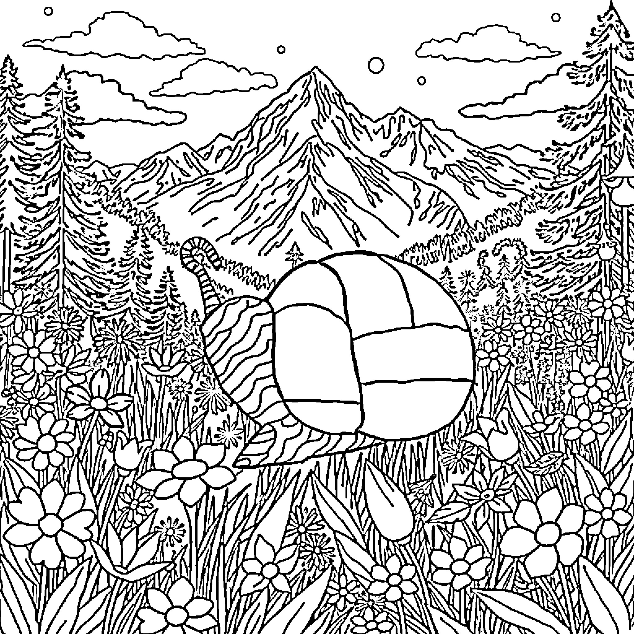 Caracol adventure in the mountainous landscape Coloring Page (free black-and-white line drawing printable PDF for all, from beginners to advanced learners, including children, teens, adults, and seniors)