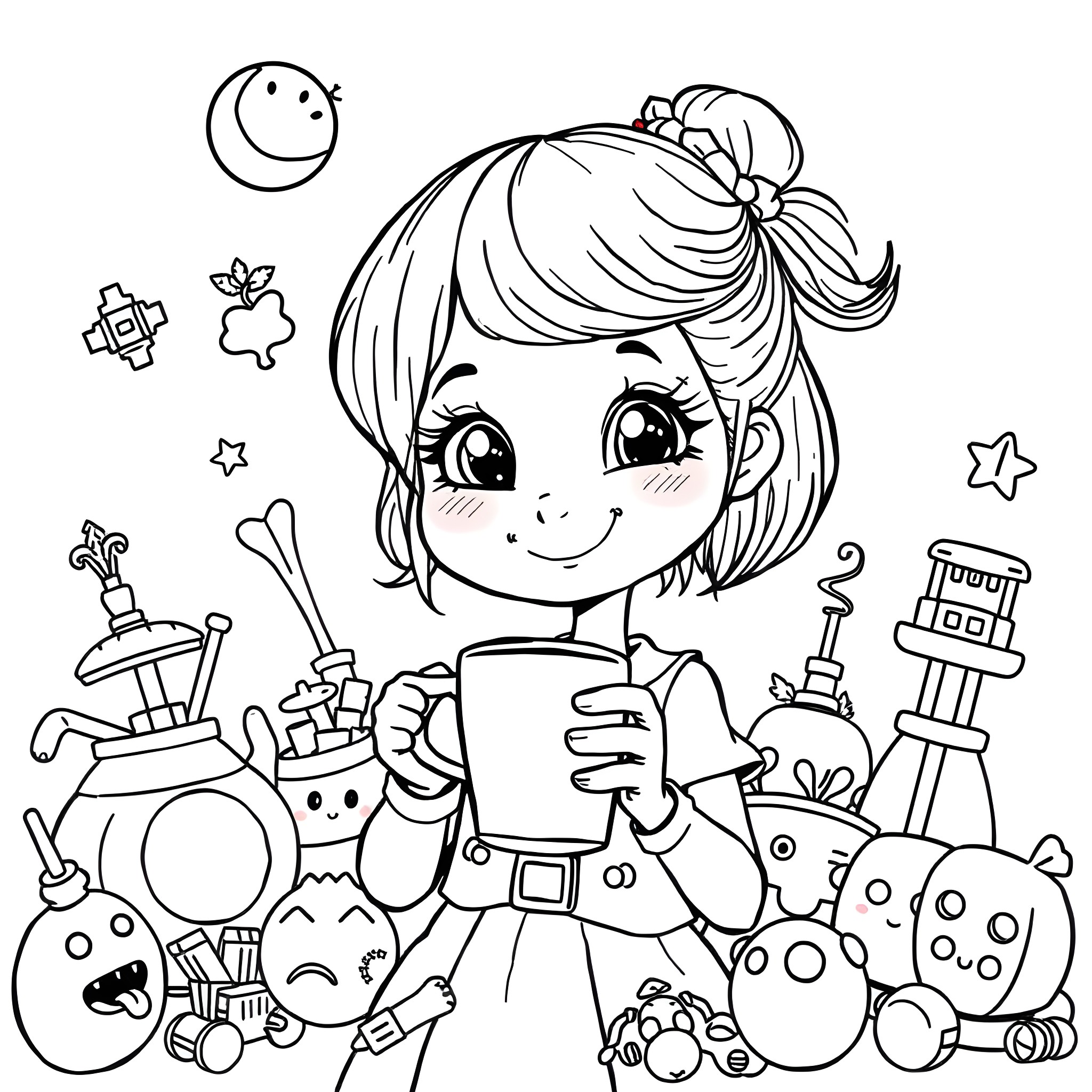 Girl with toys playing happily Coloring Page (free black-and-white line drawing printable PDF for all, from beginners to advanced learners, including children, teens, adults, and seniors)