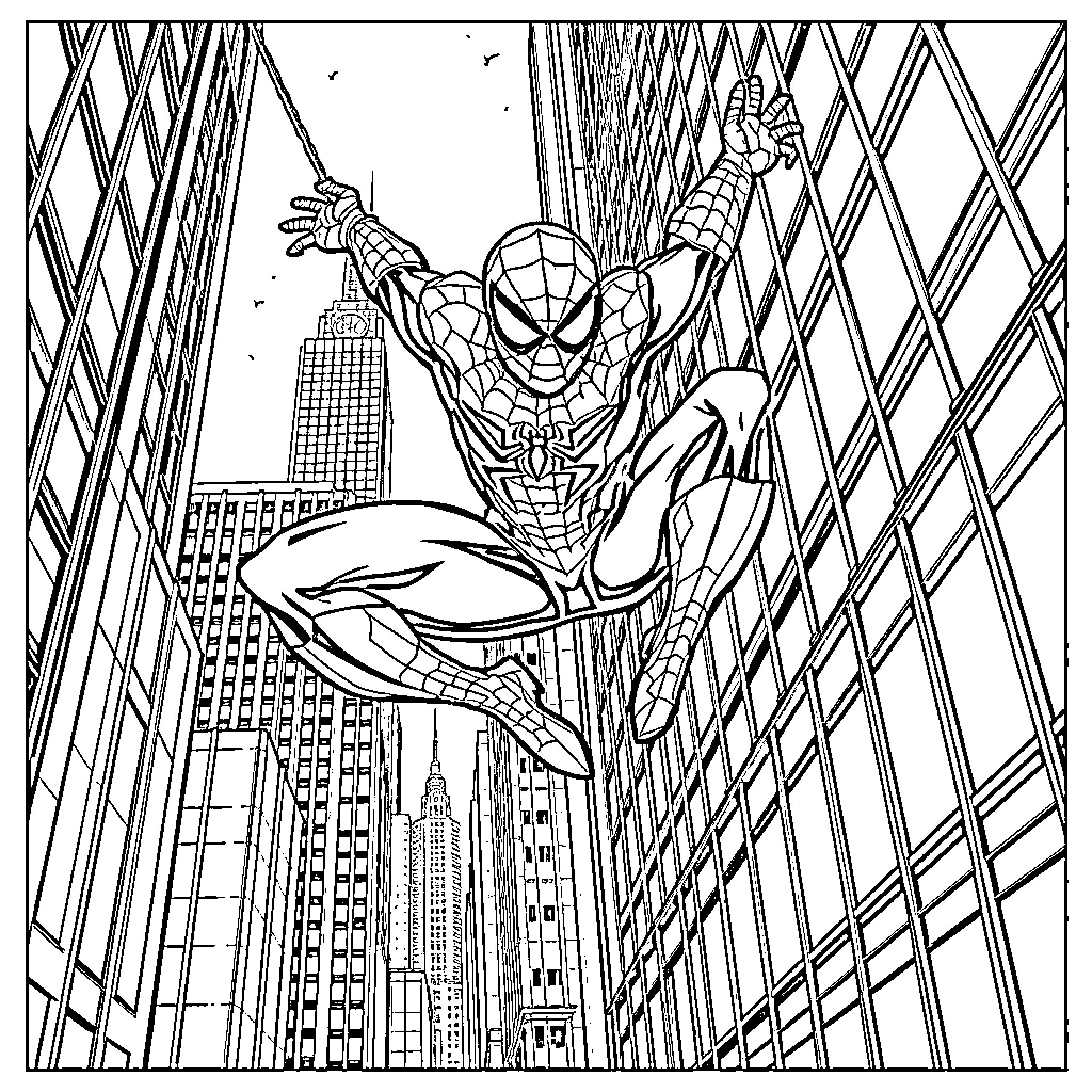 Spider-Man swinging through the city skyline Coloring Page (free black-and-white line drawing printable PDF for all, from beginners to advanced learners, including children, teens, adults, and seniors)