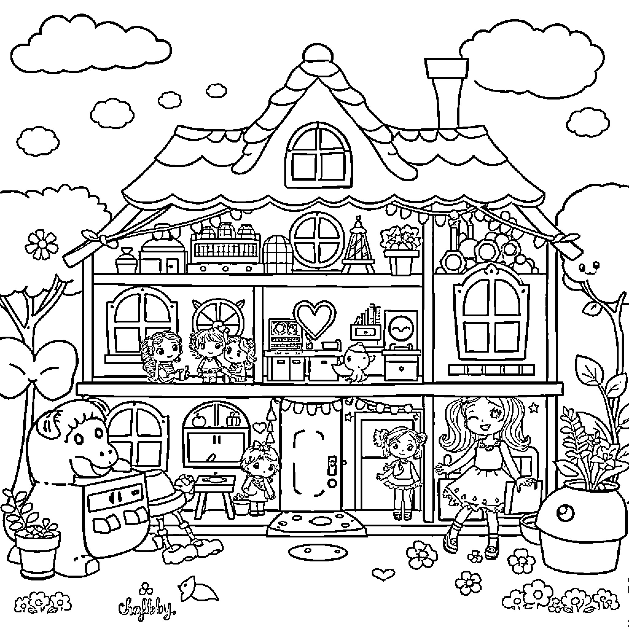 Gabby's Dollhouse: Playful Scenes in the Dollhouse Coloring Page (free black-and-white line drawing printable PDF for all, from beginners to advanced learners, including children, teens, adults, and seniors)