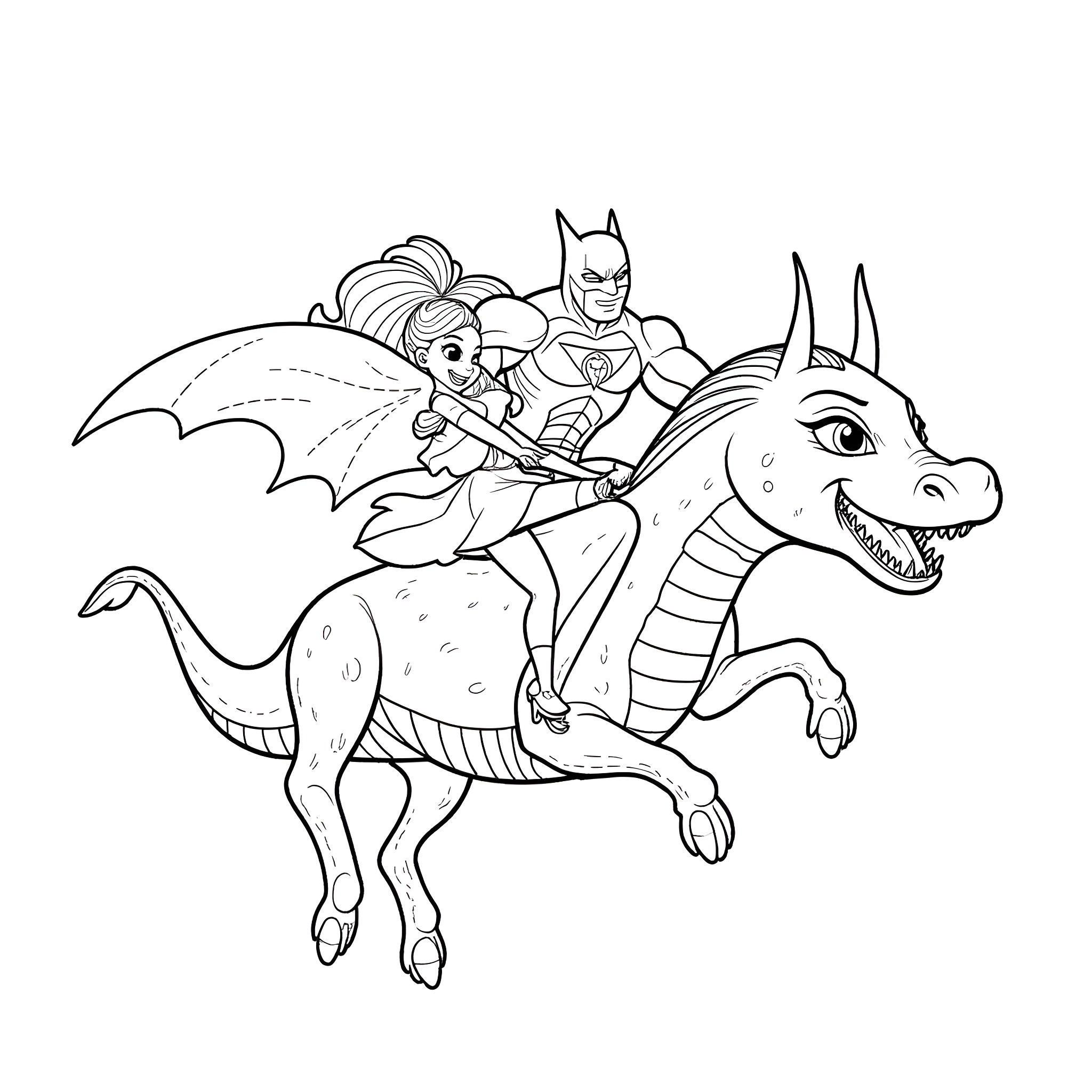 Barbie and Batman riding a dragon Coloring Page (free black-and-white line drawing printable PDF for all, from beginners to advanced learners, including children, teens, adults, and seniors)