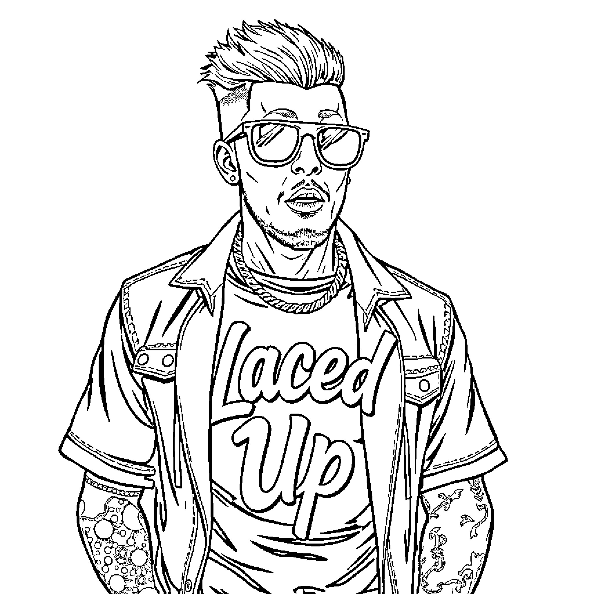 Machine Gun Kelly in stylish punk-inspired outfit Coloring Page (free black-and-white line drawing printable PDF for all, from beginners to advanced learners, including children, teens, adults, and seniors)
