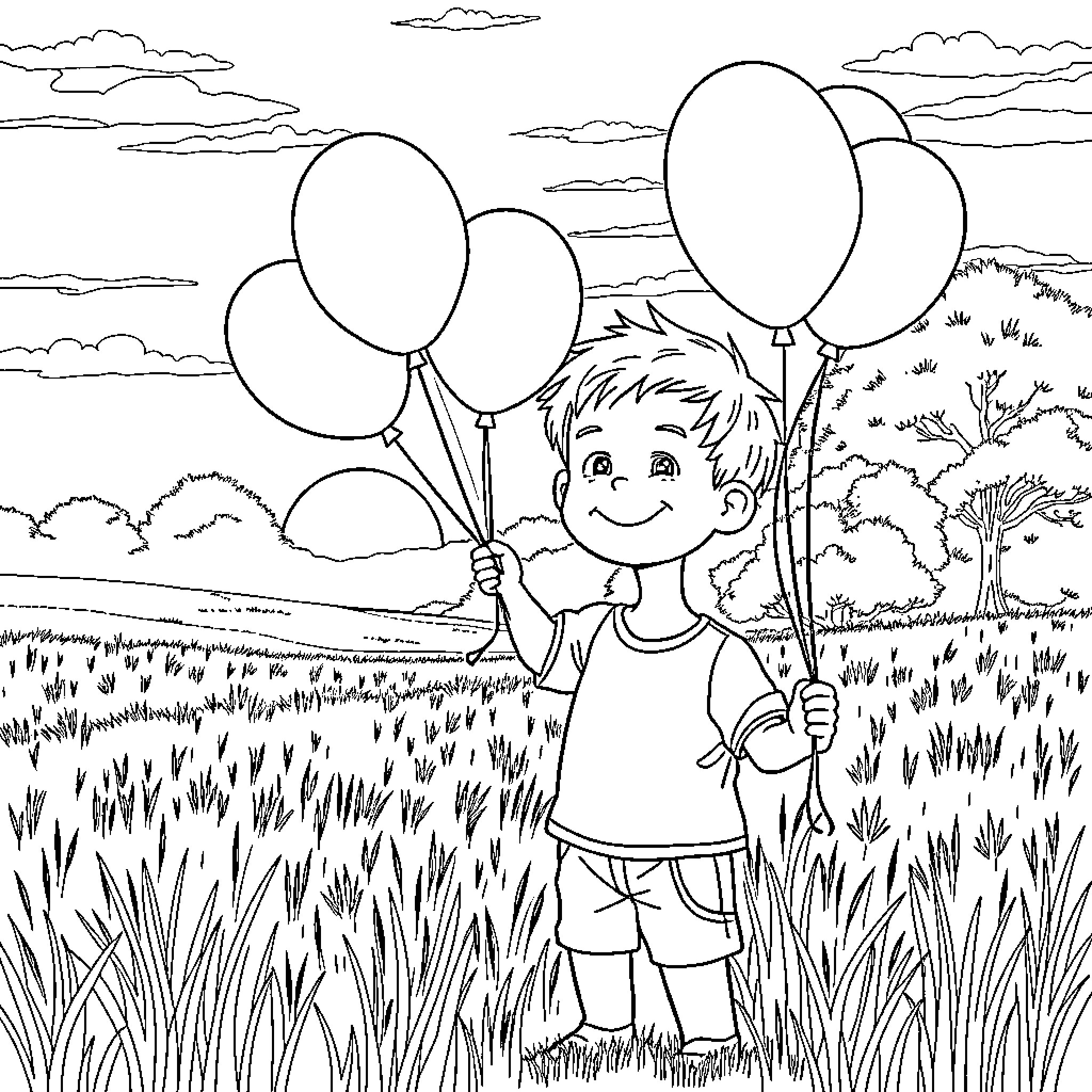 Boy joyfully holding colorful balloons in a meadow Coloring Page (free black-and-white line drawing printable PDF for all, from beginners to advanced learners, including children, teens, adults, and seniors)