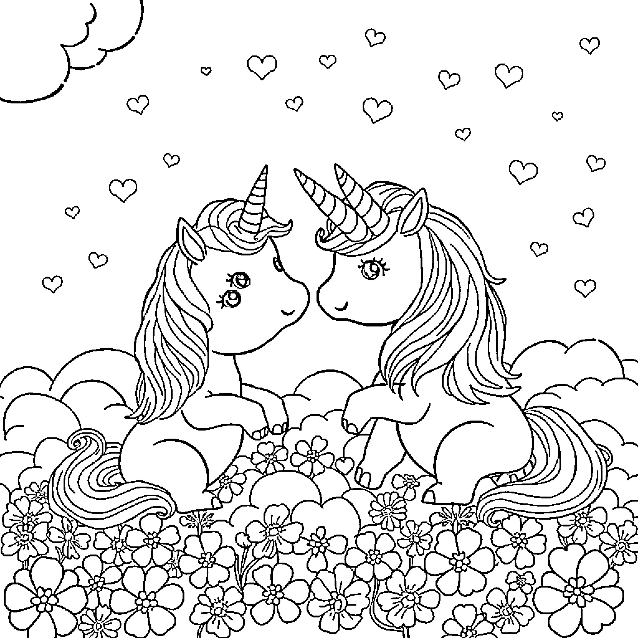Unicorn couple in love surrounded by flowers and hearts Coloring Page (free black-and-white line drawing printable PDF for all, from beginners to advanced learners, including children, teens, adults, and seniors)