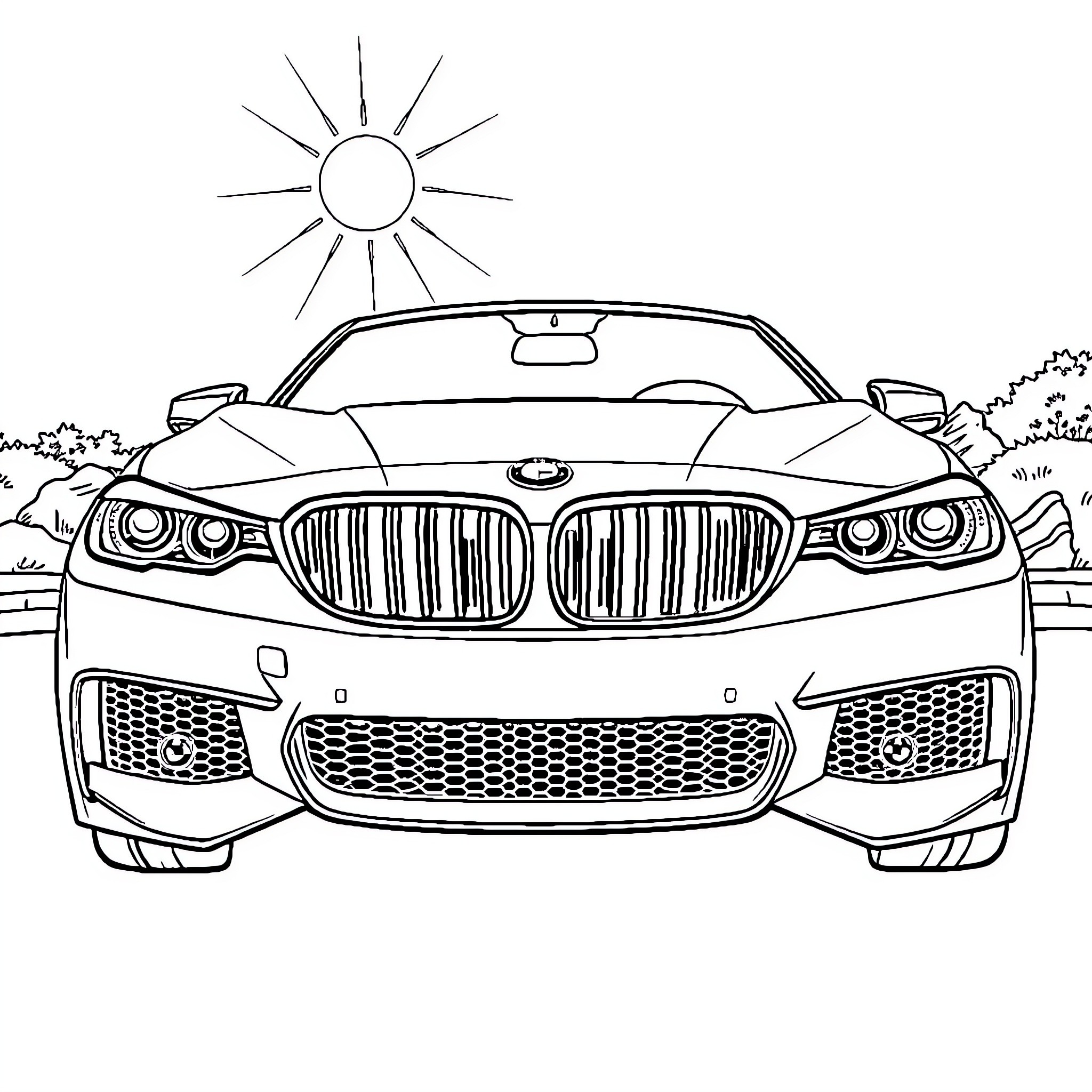 BMW sports car driving on sunny road Coloring Page (free black-and-white line drawing printable PDF for all, from beginners to advanced learners, including children, teens, adults, and seniors)